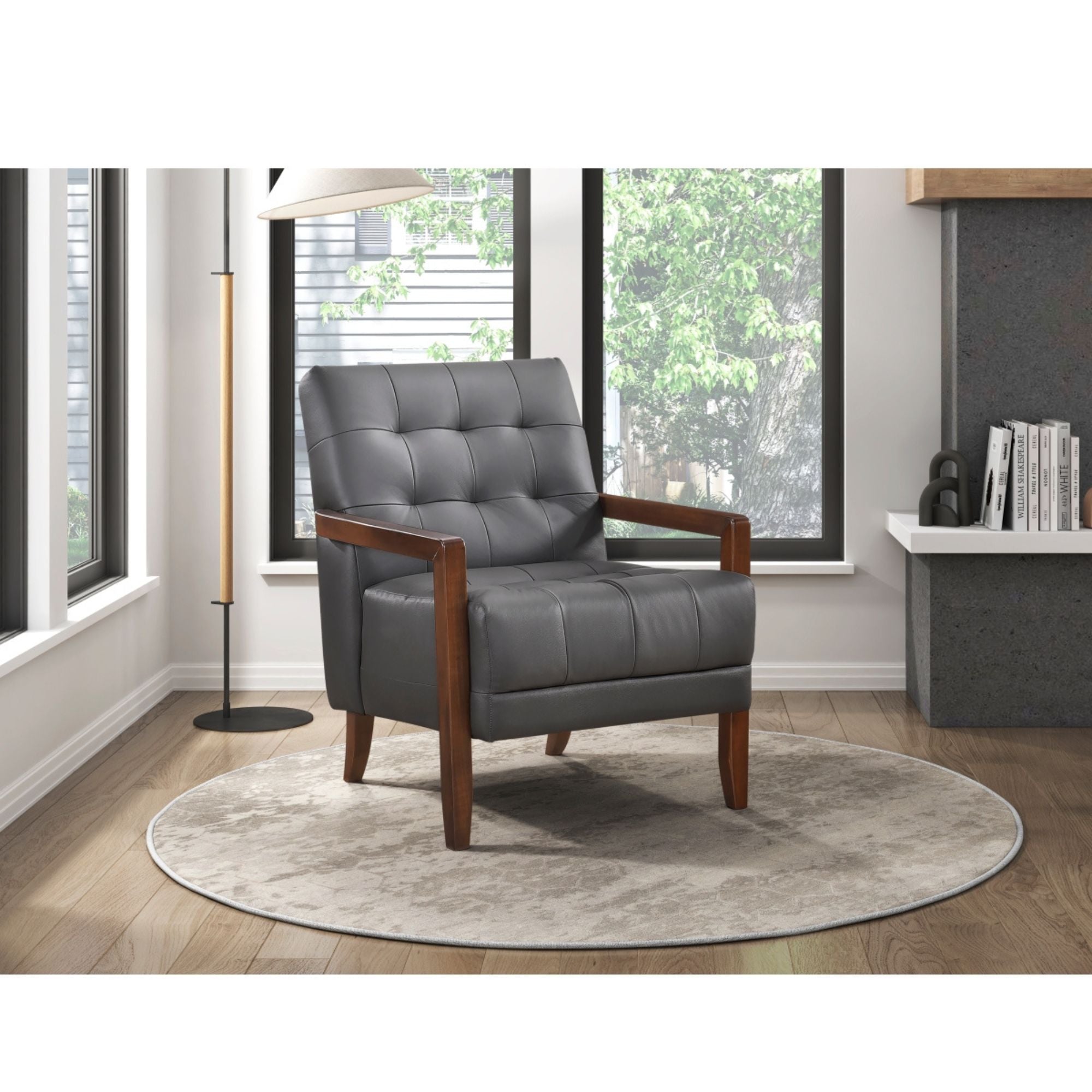 Dark grey Crafton leather accent chair by MAZ with plush cushioning and sleek modern design.