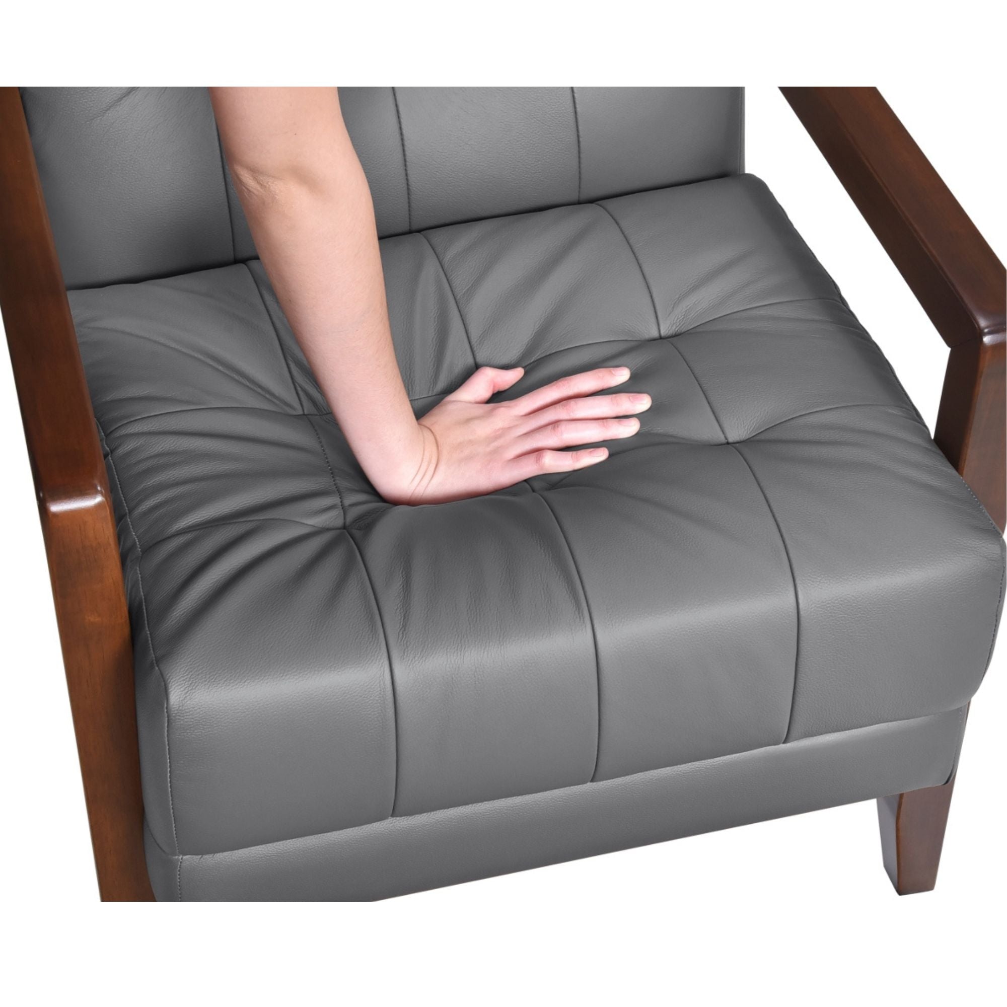 Dark grey Crafton leather accent chair by MAZ with plush cushioning and sleek modern design.