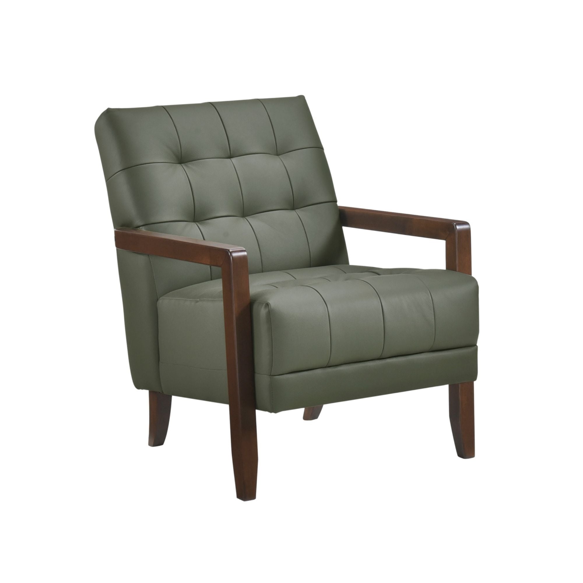 Green Crafton leather accent chair by MAZ, showcasing a stylish modern design with cushioned seating and sleek wooden legs.