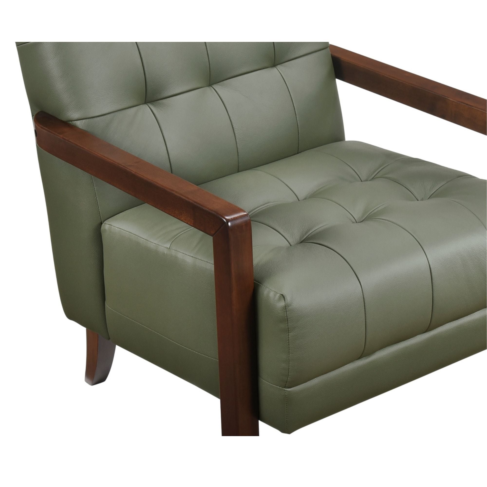 Green Crafton leather accent chair by MAZ featuring a stylish, contemporary design with plush upholstery and sleek wooden legs.