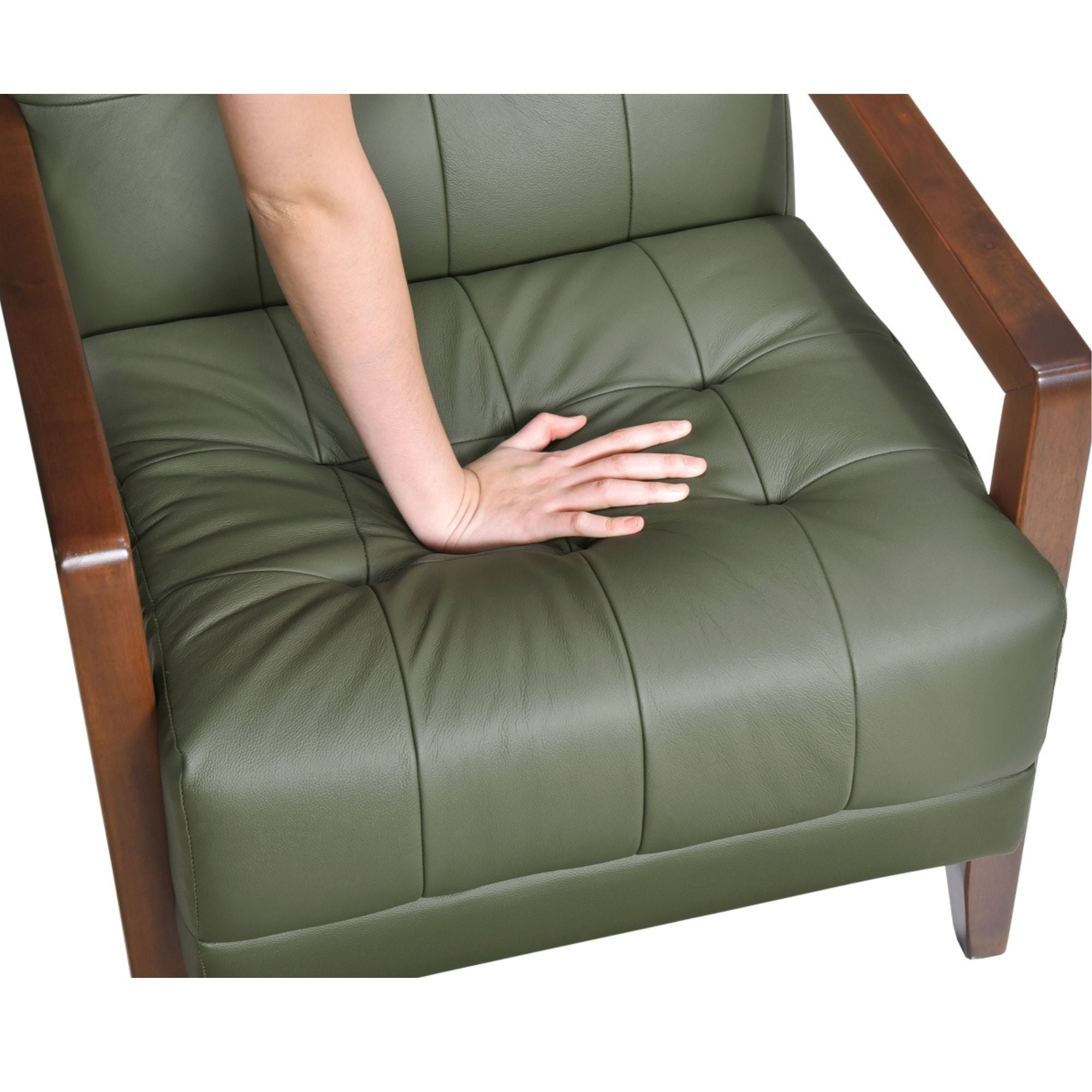 Green Crafton leather accent chair by MAZ with plush cushioning and stylish design, perfect for modern living spaces.