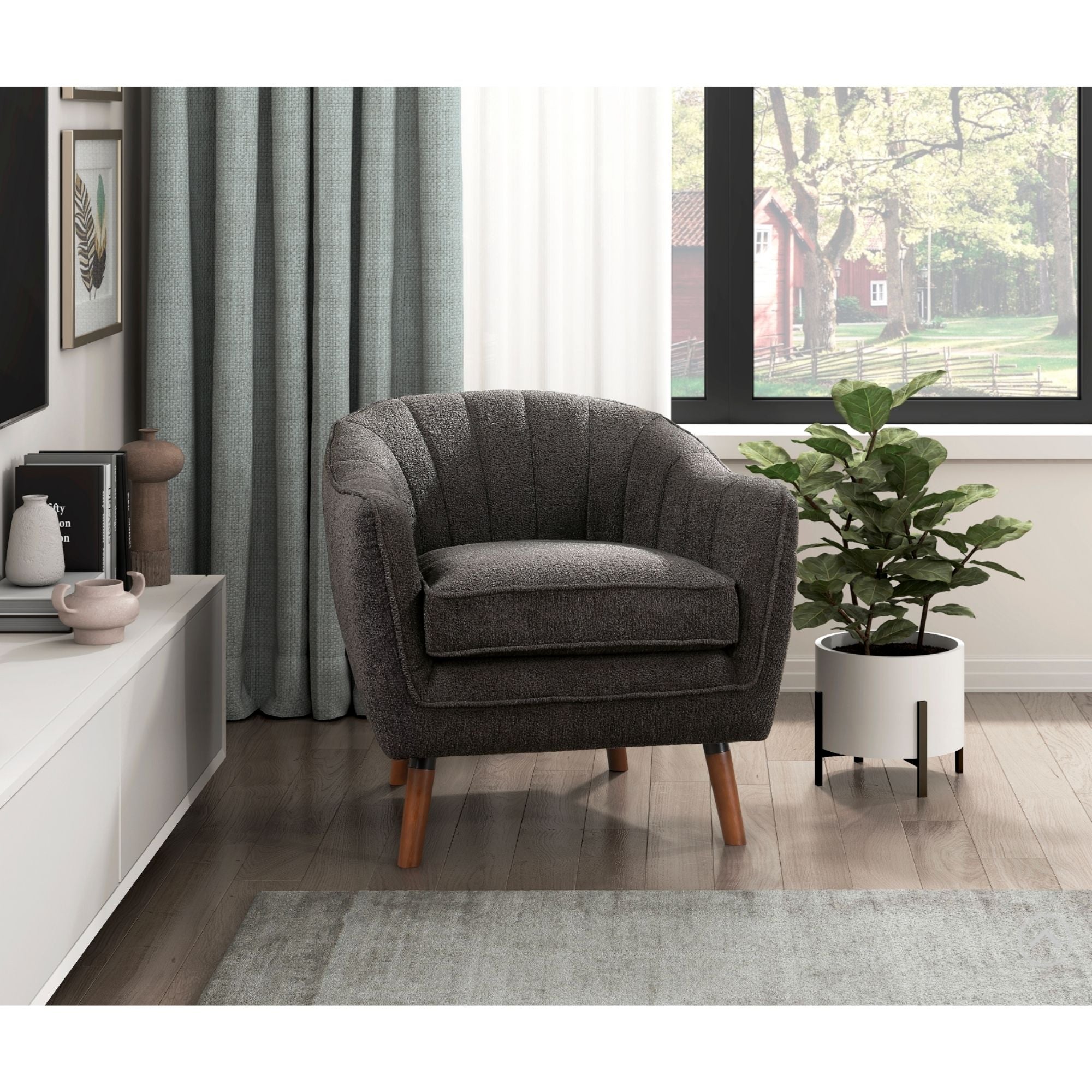MAZ Cutler Collection charcoal accent chair with a modern, plush design and sleek wooden legs, perfect for stylish living spaces.