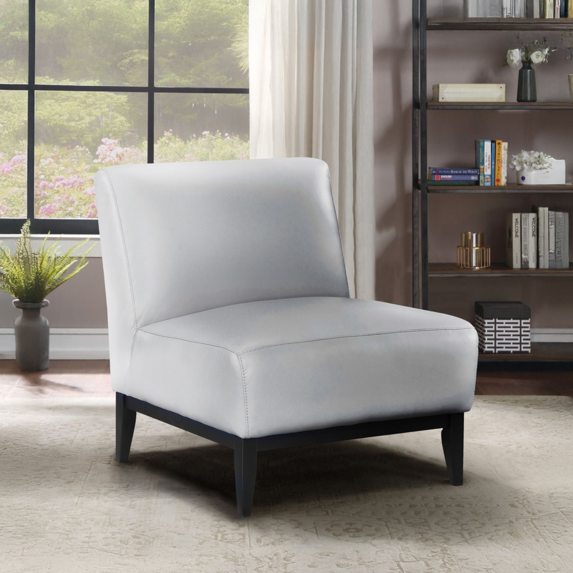 MAZ Houghton leather slipper accent chair in silver with sleek, modern design and plush cushioning for stylish comfort.