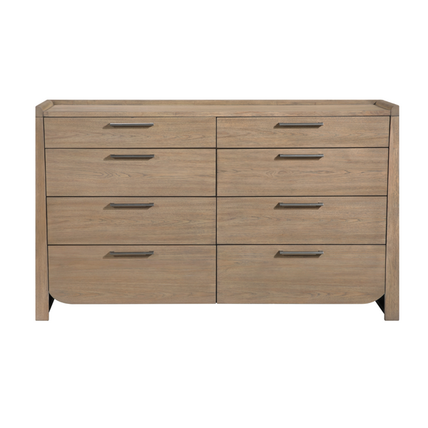 Brown MAZ 6-piece bedroom set with king bed, dresser, mirror, and nightstand, featuring modern design and ample storage.