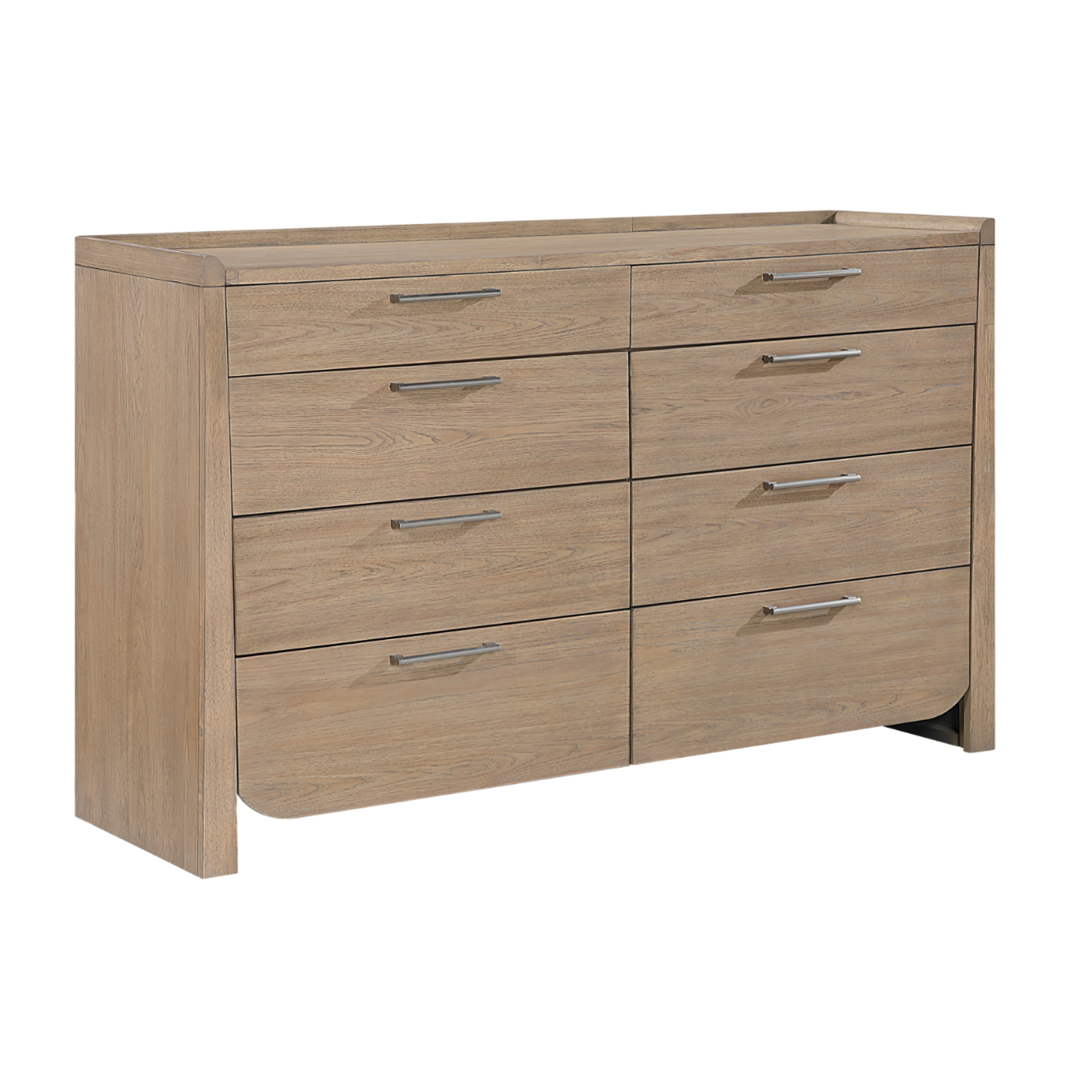 Brown MAZ 6-piece bedroom set including king bed, dresser, mirror, and nightstand arranged in a stylish bedroom scene.