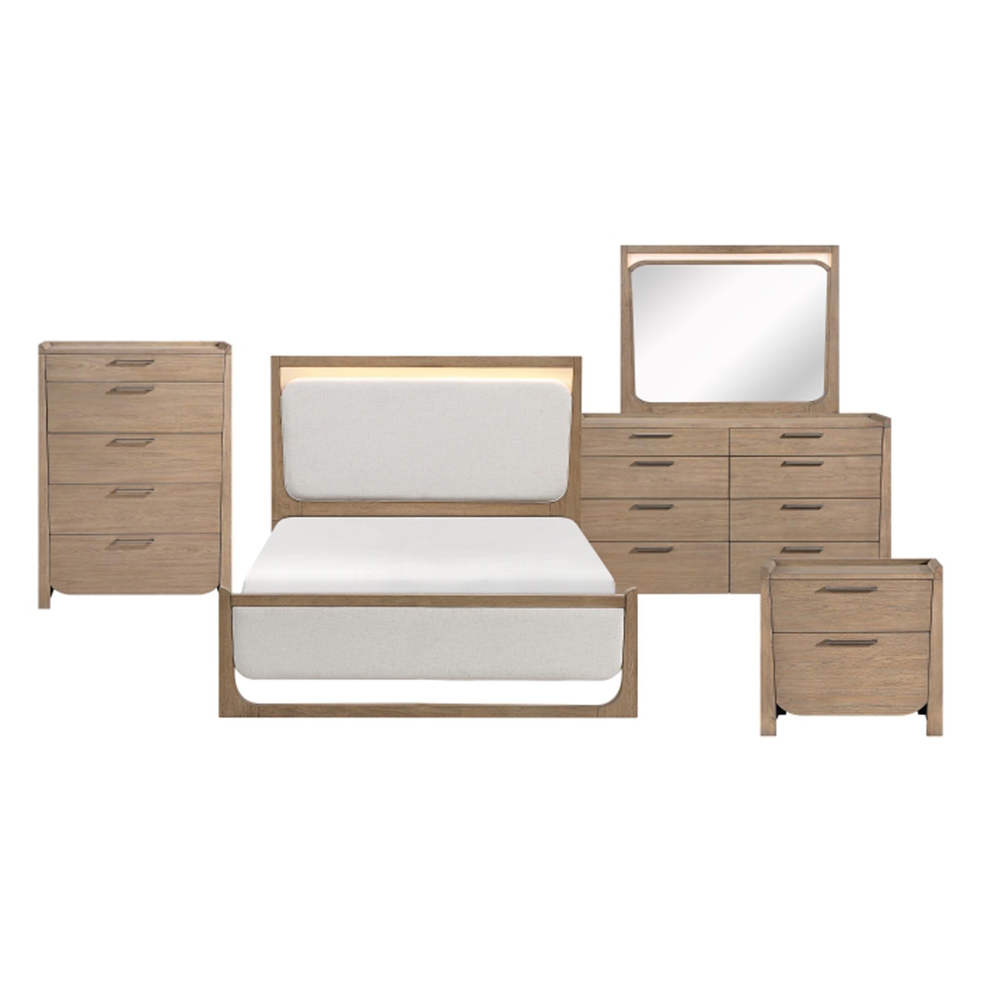 Brown MAZ Riley Collection bedroom set with king bed, dresser, mirror, nightstand, and chest in a stylish 7-piece design.