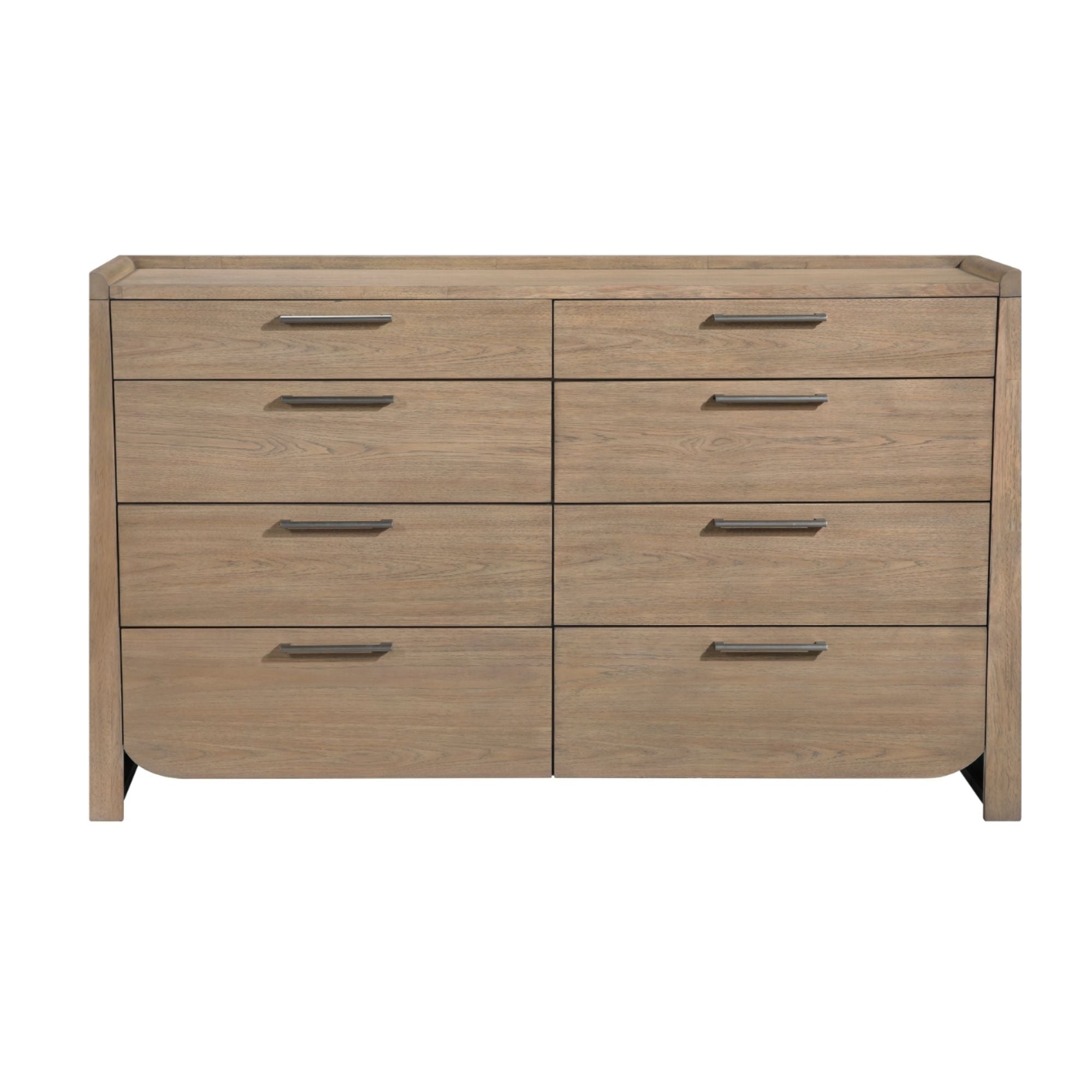 MAZ Riley Collection brown king bedroom set with dresser, mirror, nightstand, chest, and matching furniture in a stylish bedroom layout.