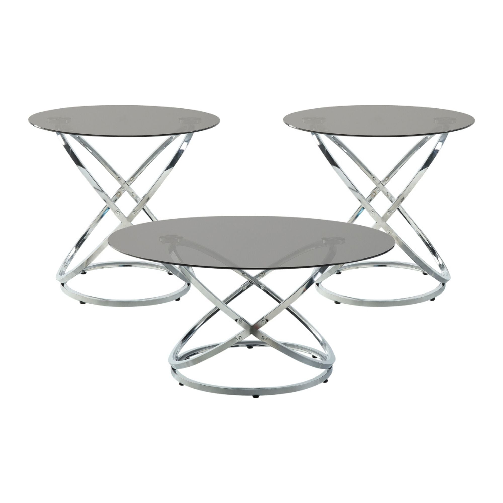 Black glass Marion 3-piece coffee table set by MAZ, includes a central table and two end tables with sleek modern design.