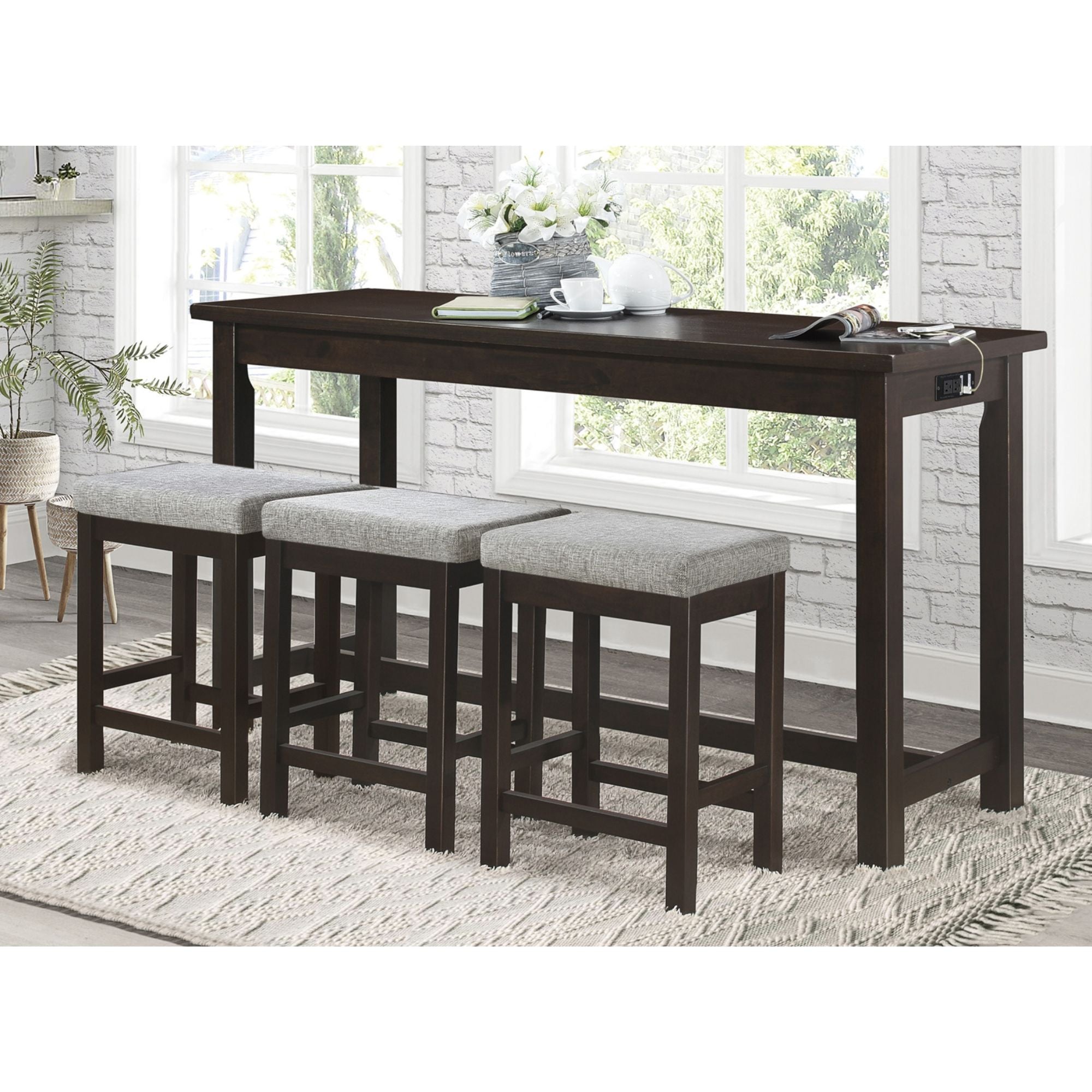 Four-piece MAZ Connected Collection counter height set in espresso wood, includes table and matching chairs for modern dining.