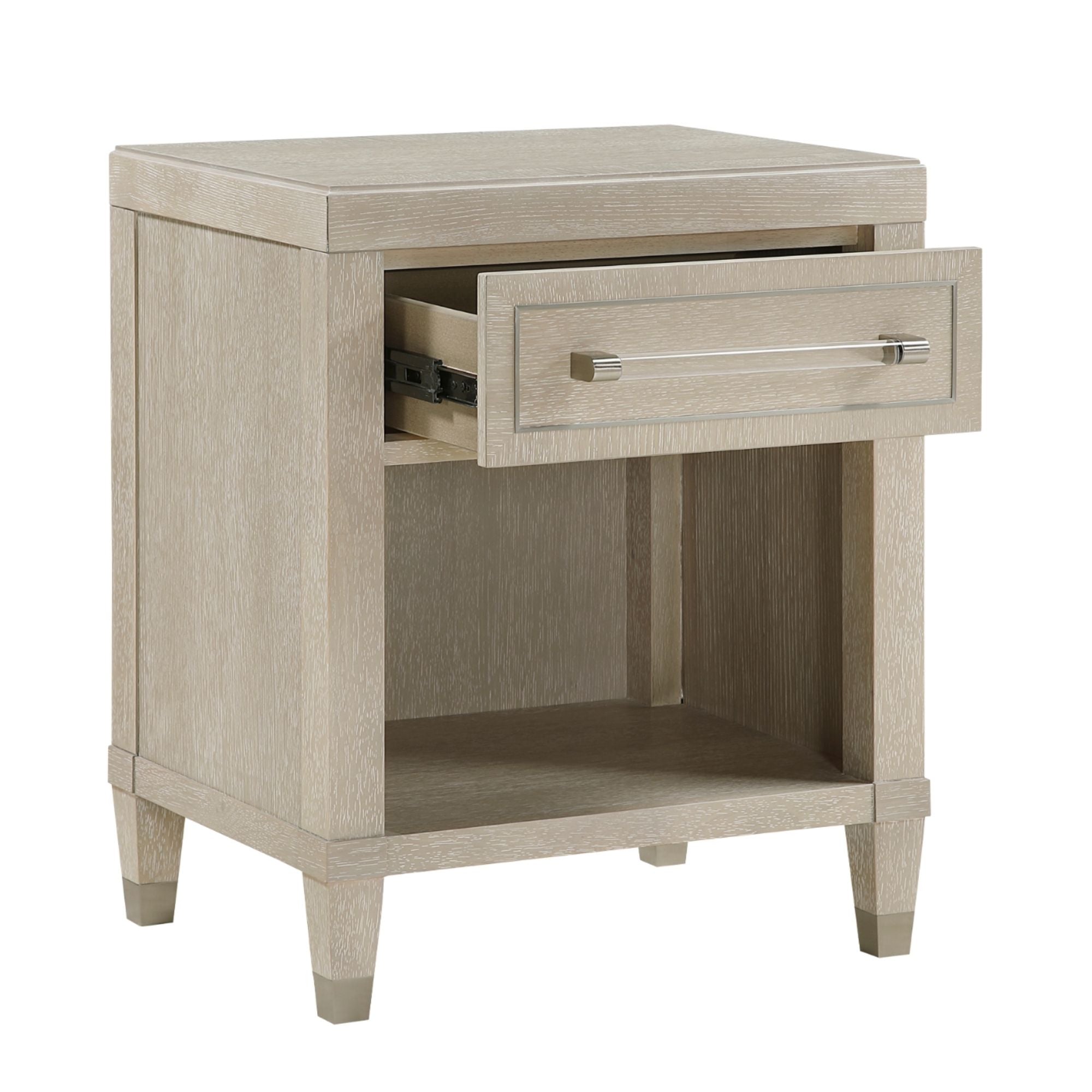 MAZ Genoa Collection night stand in light oak with a sleek modern design, featuring a smooth top surface and storage drawer.