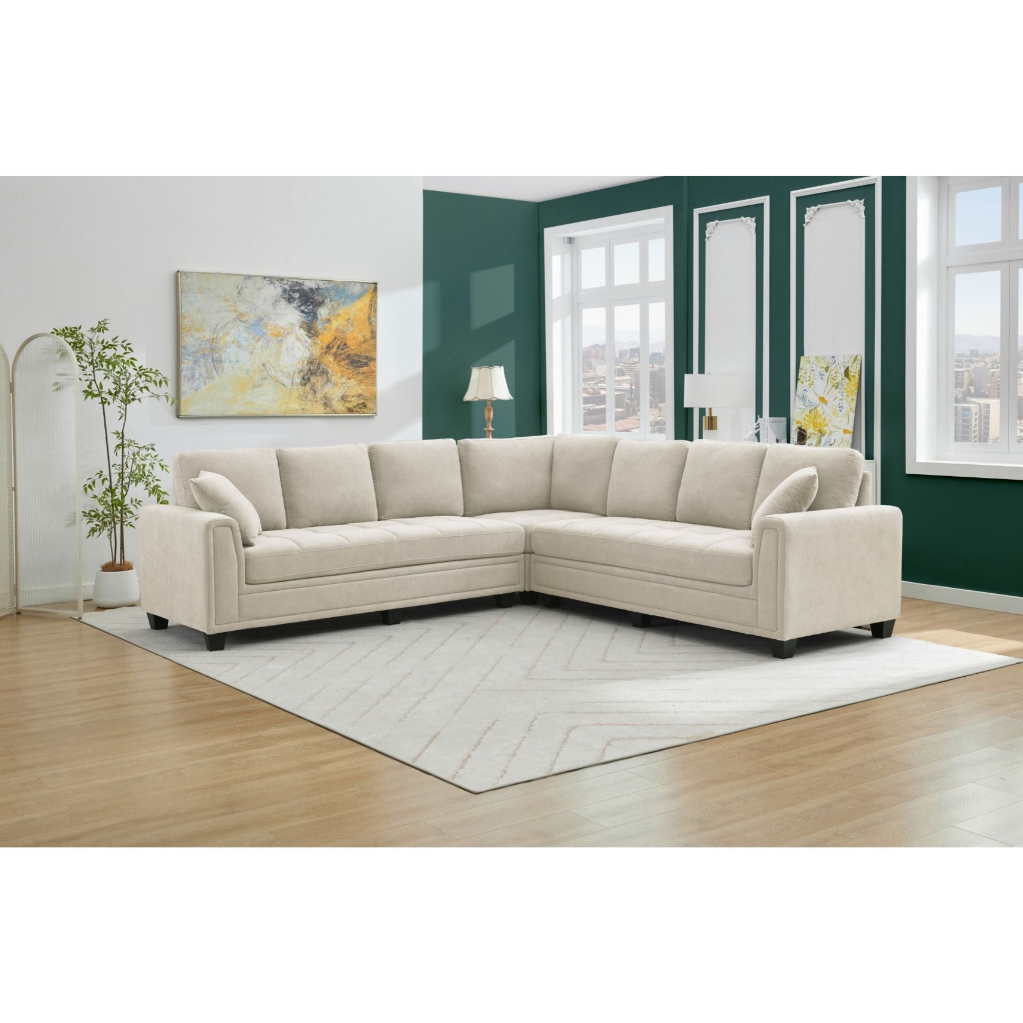 MAZ Kelsier 3-piece beige sectional sofa with plush chenille fabric, modern corner design, and comfortable seating.