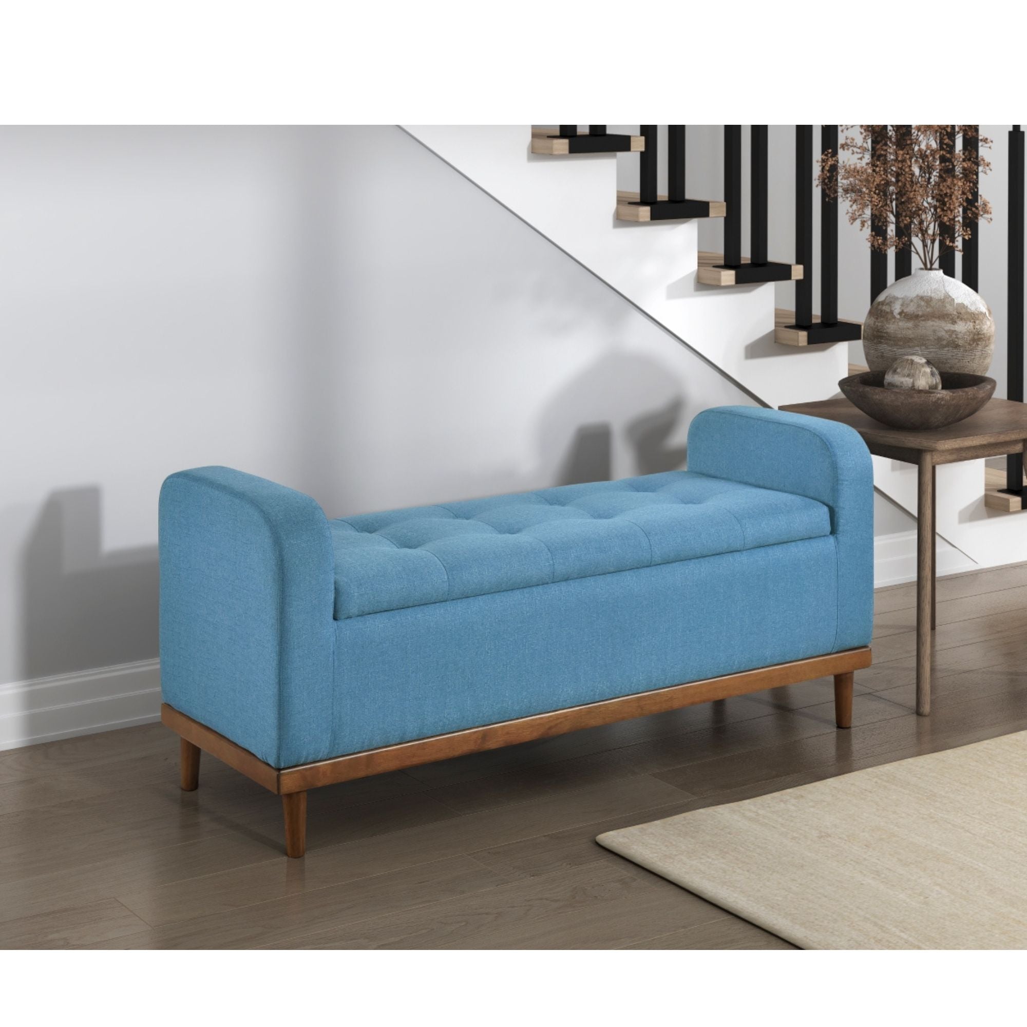 Blue fabric MAZ Brigitte Collection lift-top storage ottoman with spacious interior for versatile storage and seating.