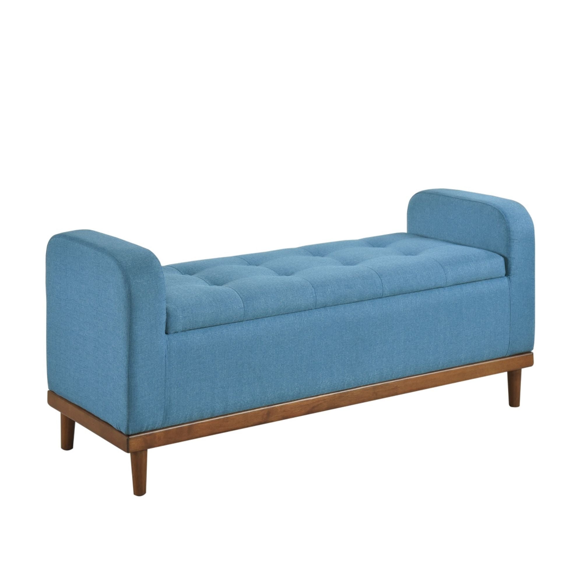 Blue fabric MAZ Brigitte Collection lift top storage ottoman with padded seat and interior storage space.