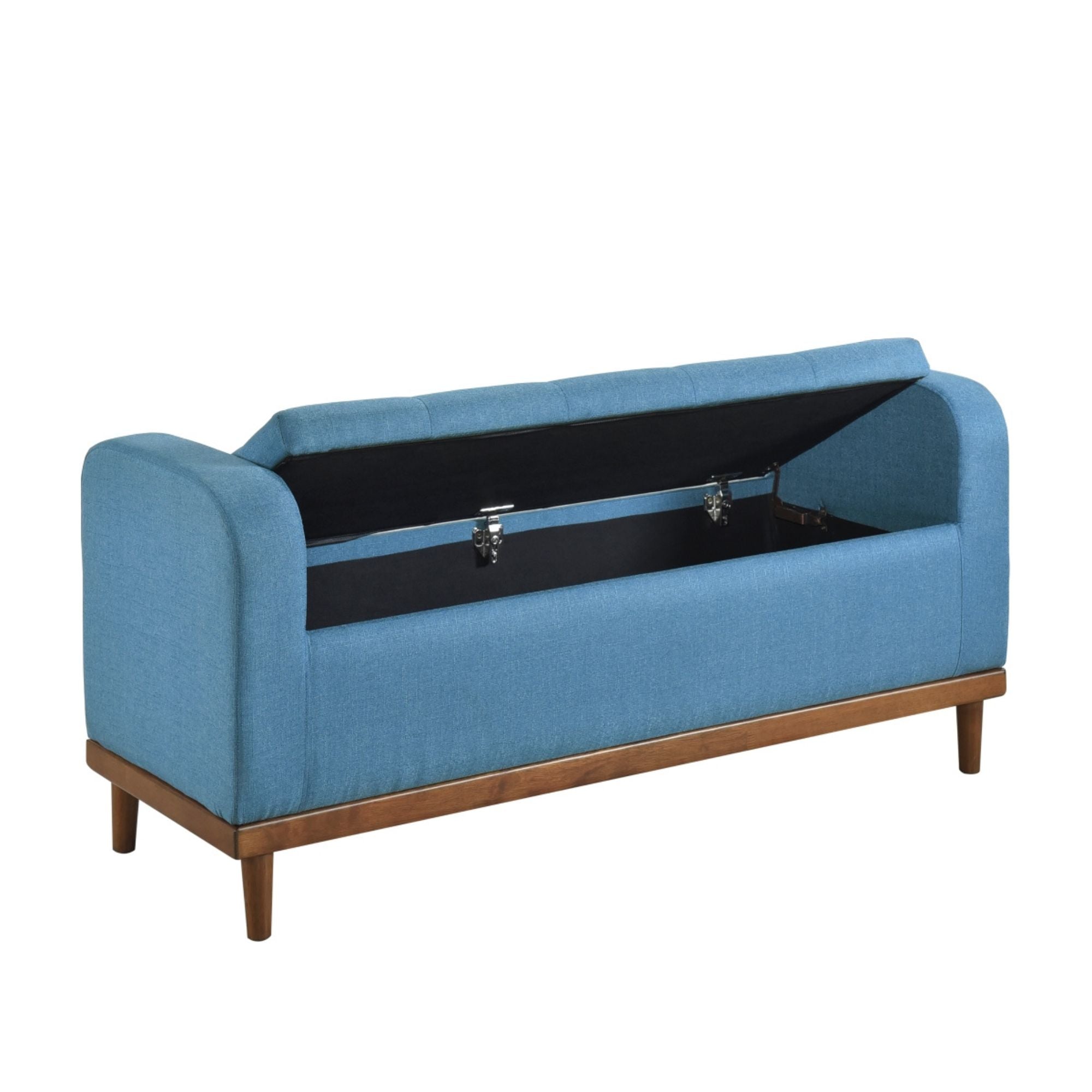 Blue fabric MAZ Brigitte Collection lift-top storage ottoman with padded seat and spacious interior for versatile storage.