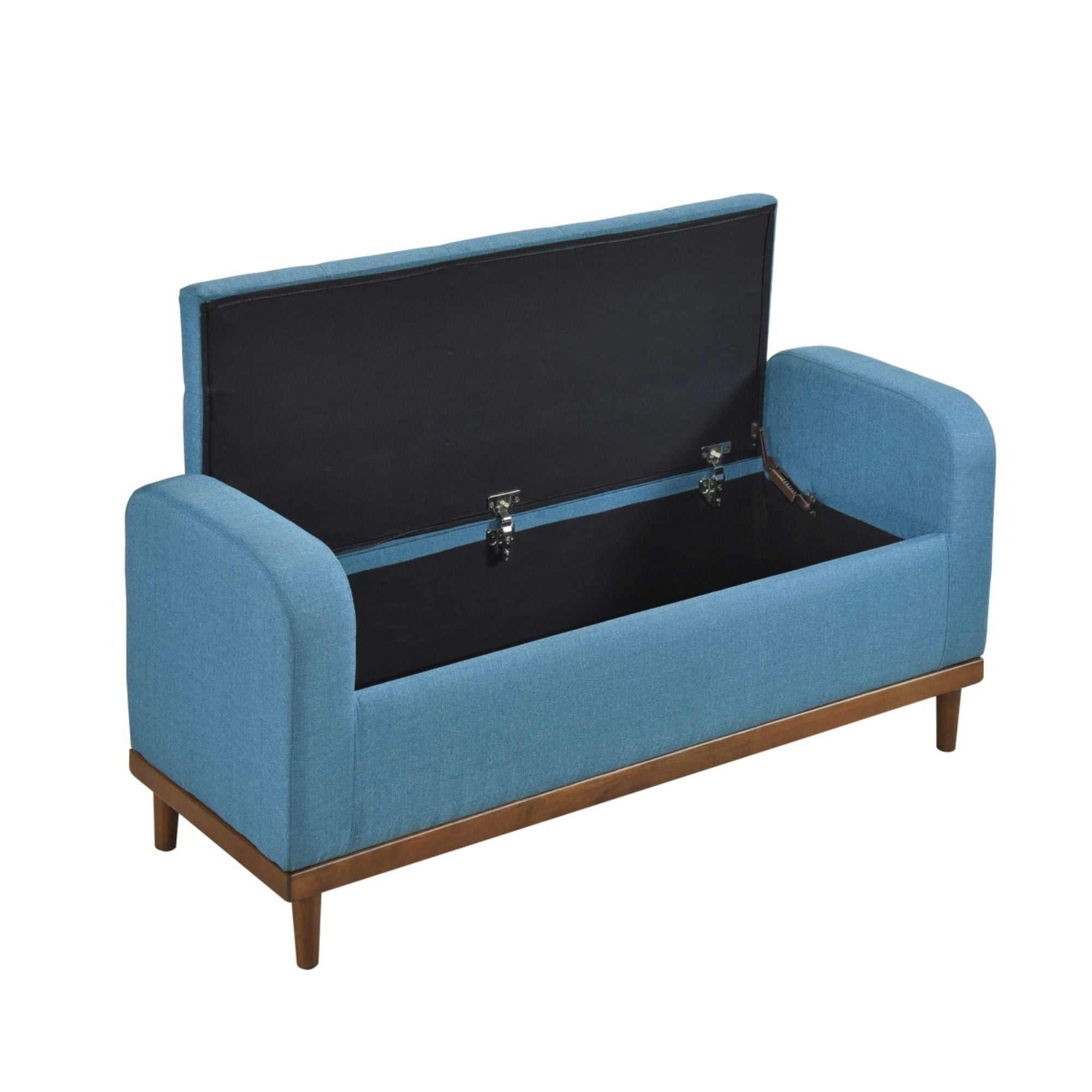 Blue fabric MAZ Brigitte Collection lift top storage ottoman with spacious interior and modern design.