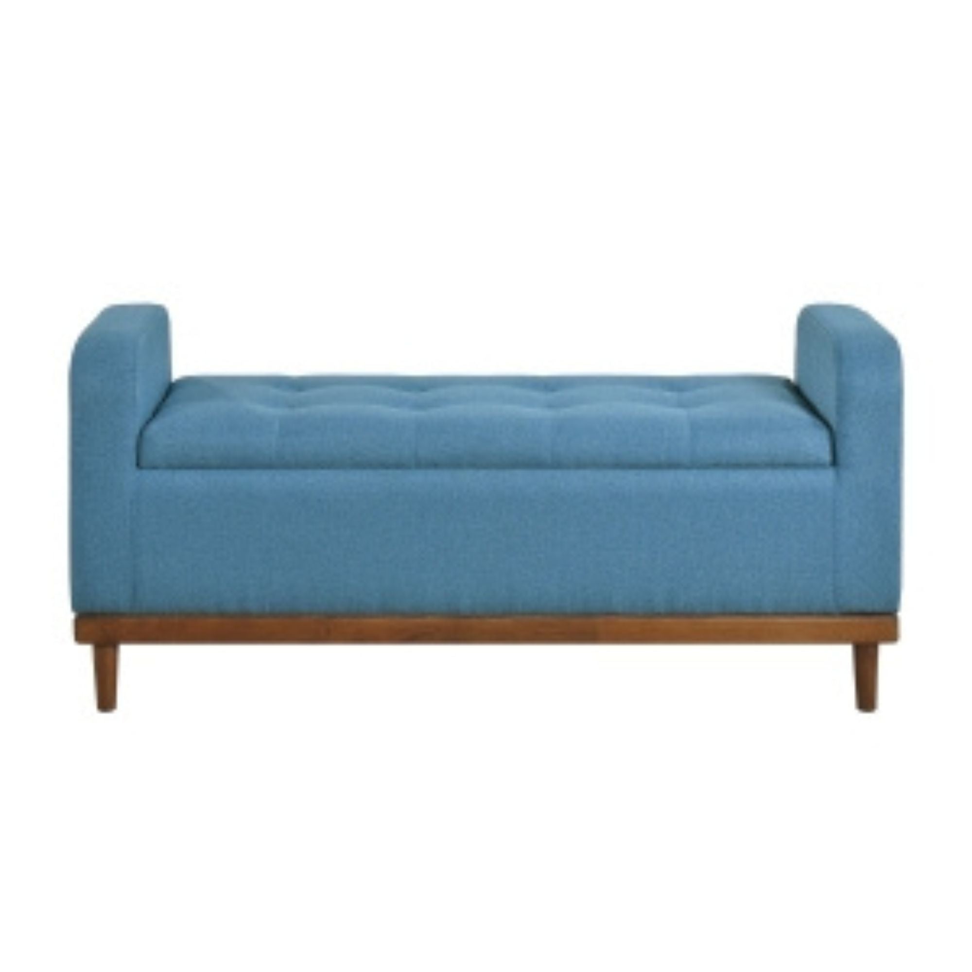 Blue fabric MAZ Brigitte Collection lift top storage ottoman with spacious interior and sleek design.