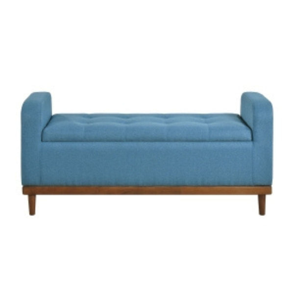 Blue fabric MAZ Brigitte Collection lift top storage ottoman with spacious interior and sleek design.