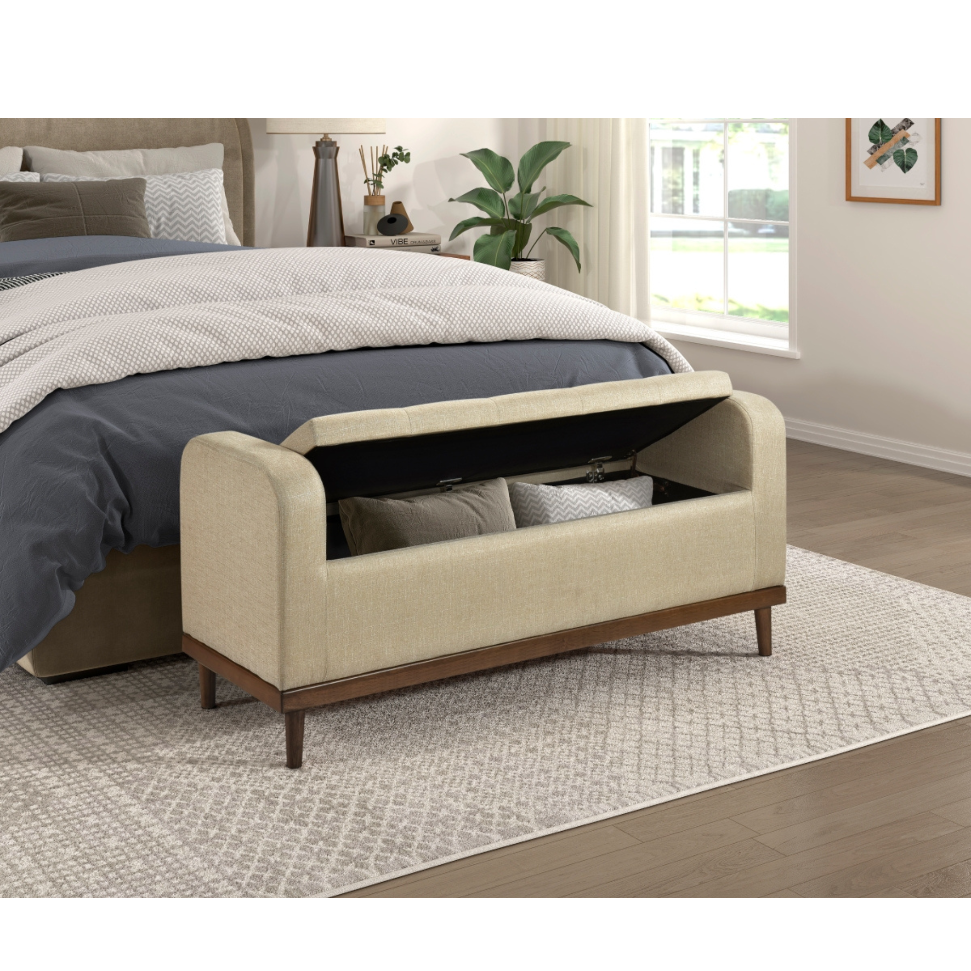 MAZ Brigitte beige lift-top storage ottoman with fabric upholstery, versatile bench with hidden storage.