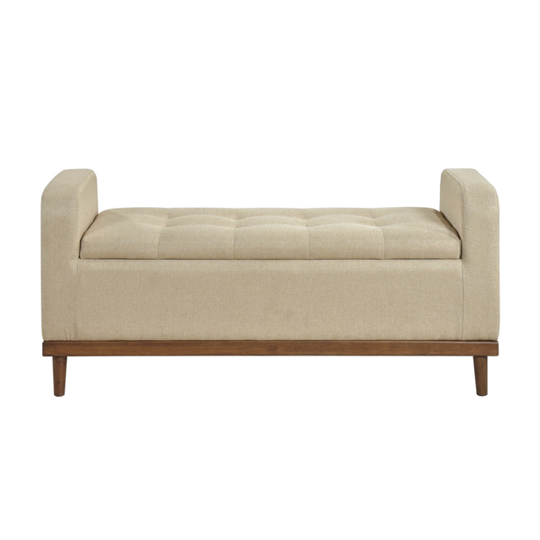MAZ Brigitte beige lift-top storage ottoman with fabric upholstery and hidden storage compartment.
