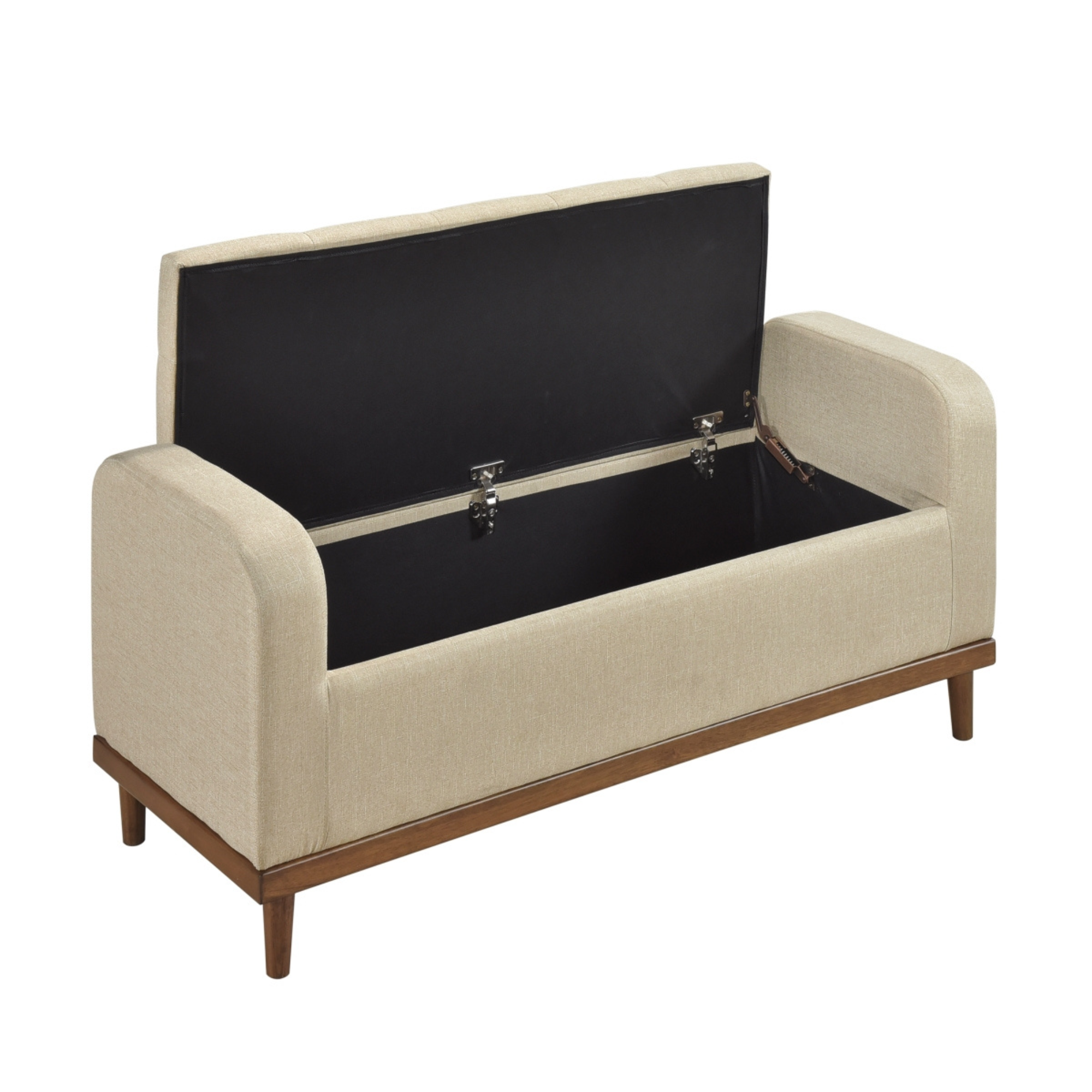 Beige MAZ Brigitte lift-top storage ottoman with fabric upholstery and hidden storage compartment.