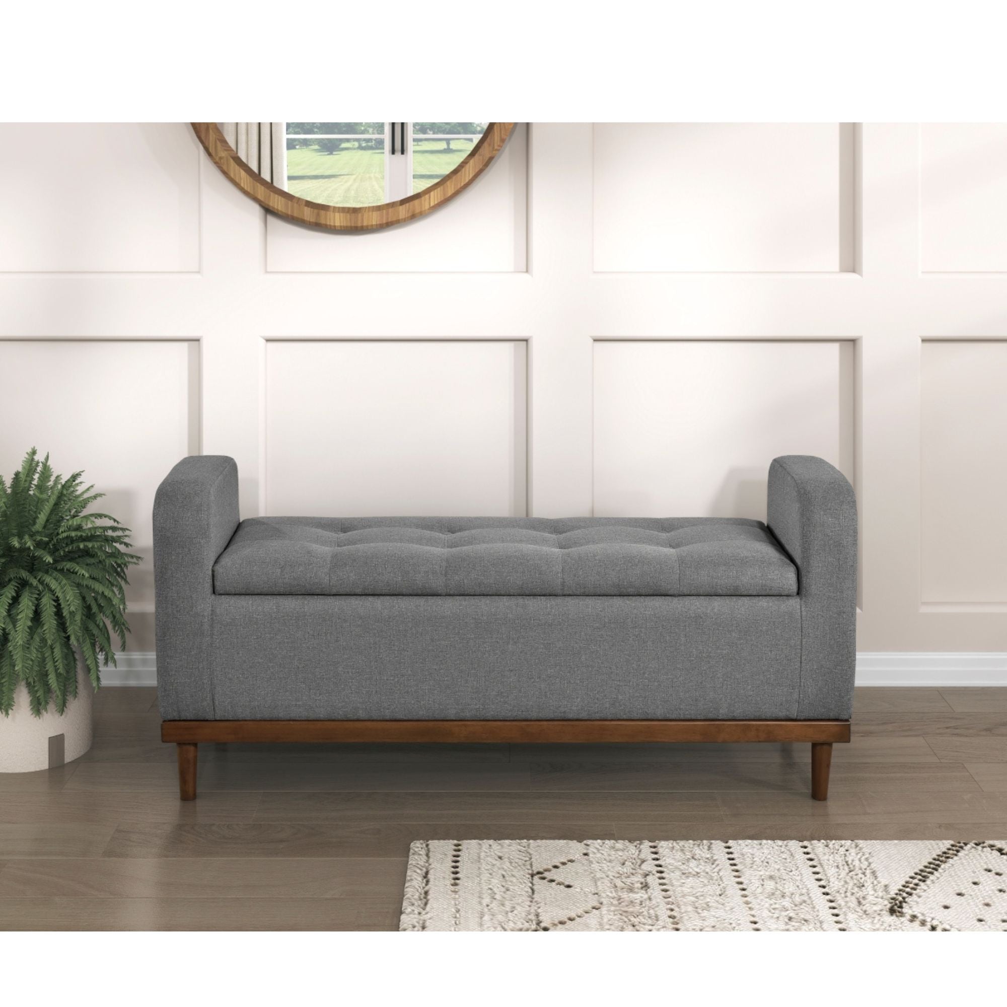 Grey fabric MAZ Brigitte Collection lift top storage ottoman with spacious interior and modern design.