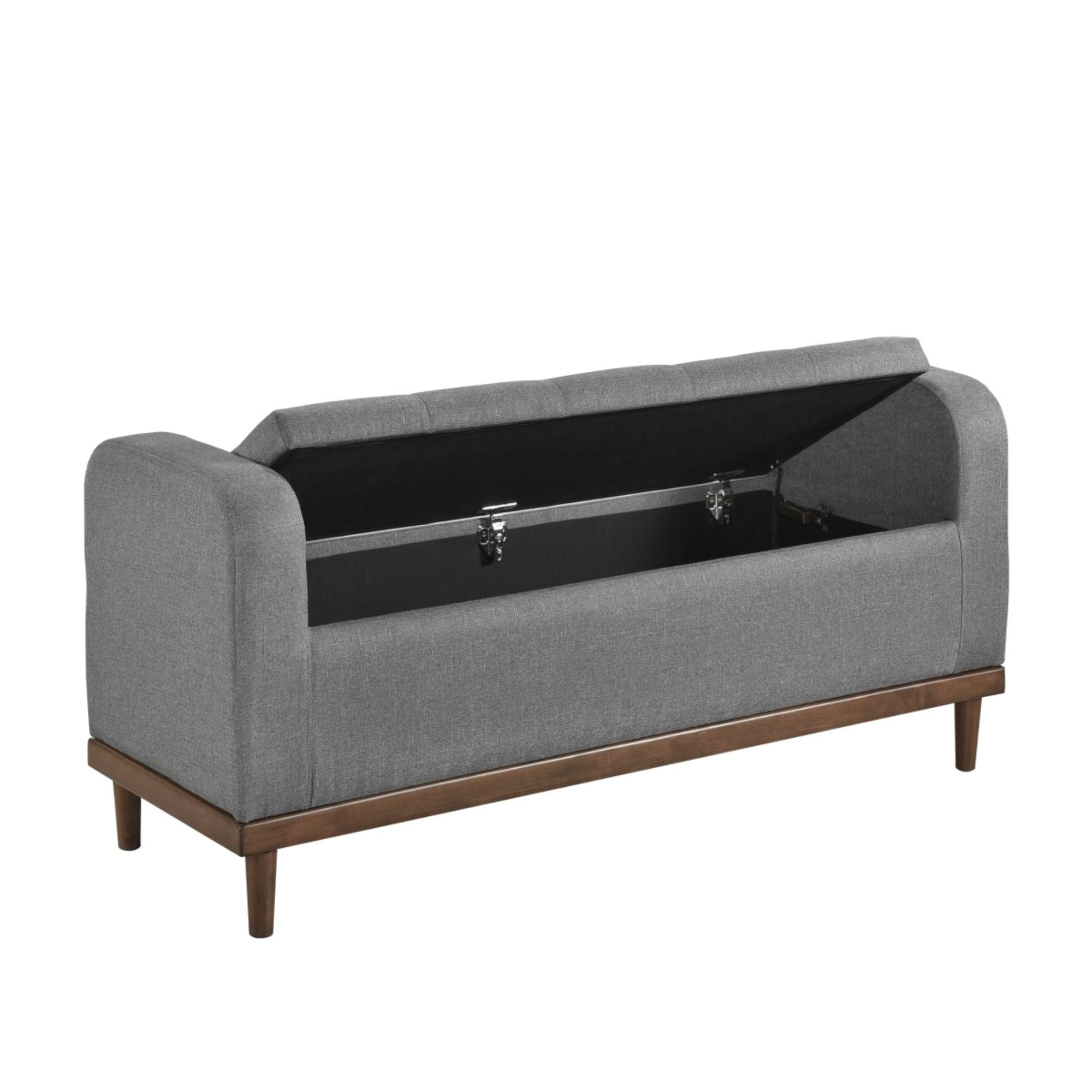 Gray fabric MAZ Brigitte Collection lift top storage ottoman with spacious interior for versatile storage and seating.