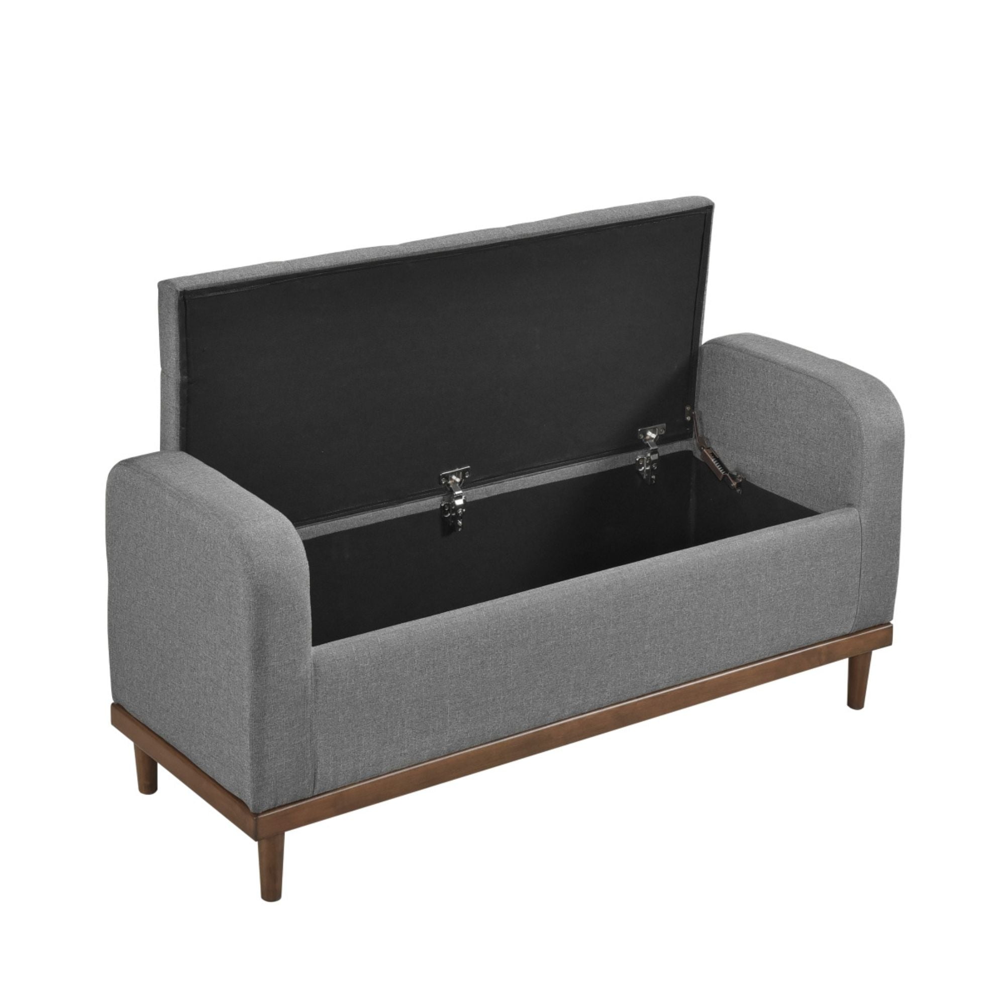 Gray fabric MAZ Brigitte Collection lift-top storage ottoman with spacious interior and comfortable padded top.