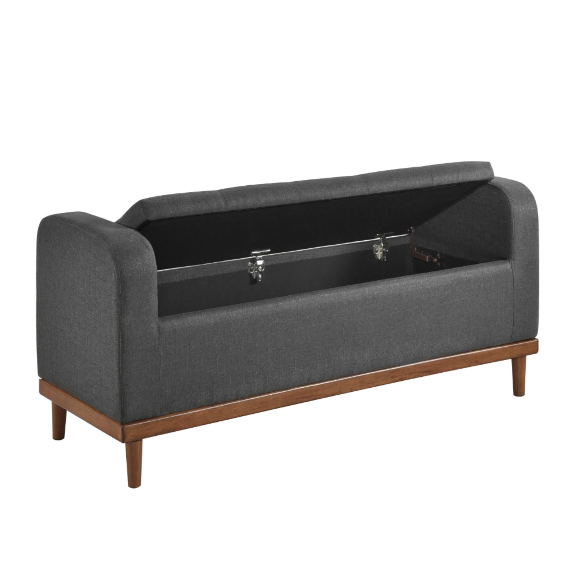 Dark grey MAZ Brigitte Collection lift top storage ottoman with fabric upholstery and spacious interior for versatile storage.