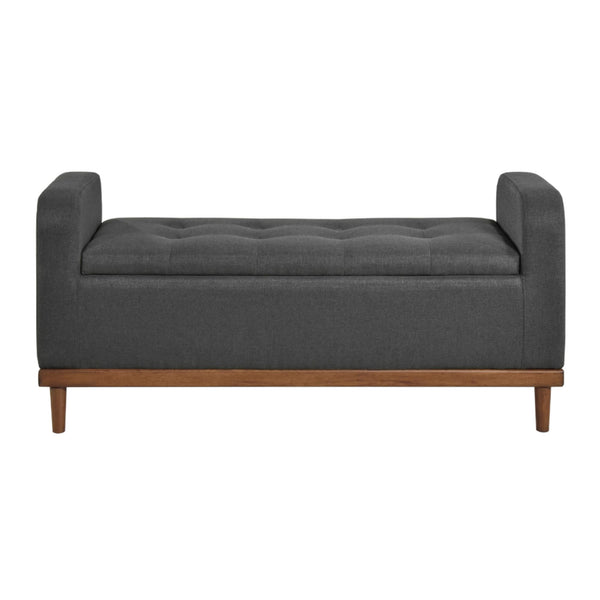 Dark grey MAZ Brigitte Collection lift top storage ottoman with fabric upholstery and spacious interior for versatile storage.