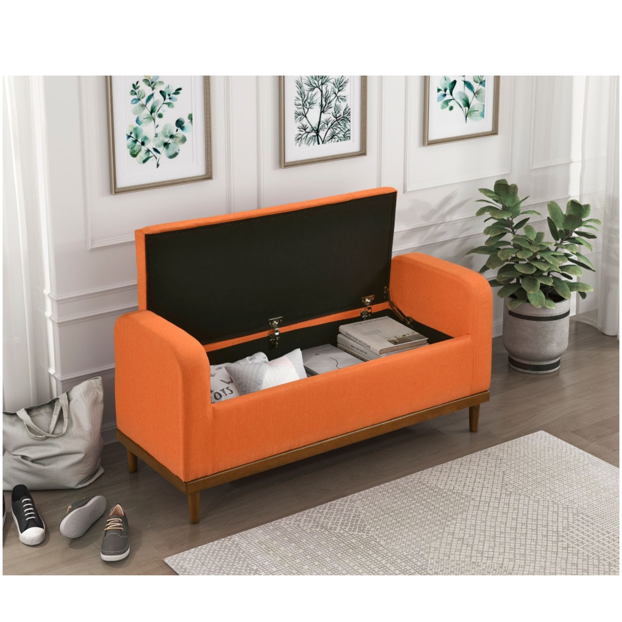 Orange fabric MAZ Brigitte Collection storage ottoman with lift-top lid, versatile storage bench for living spaces.
