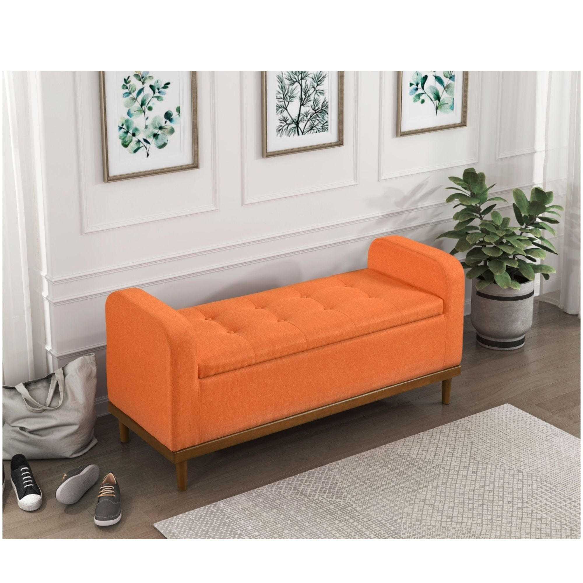 Orange MAZ Brigitte Collection lift top storage ottoman with fabric upholstery and spacious interior for versatile storage.