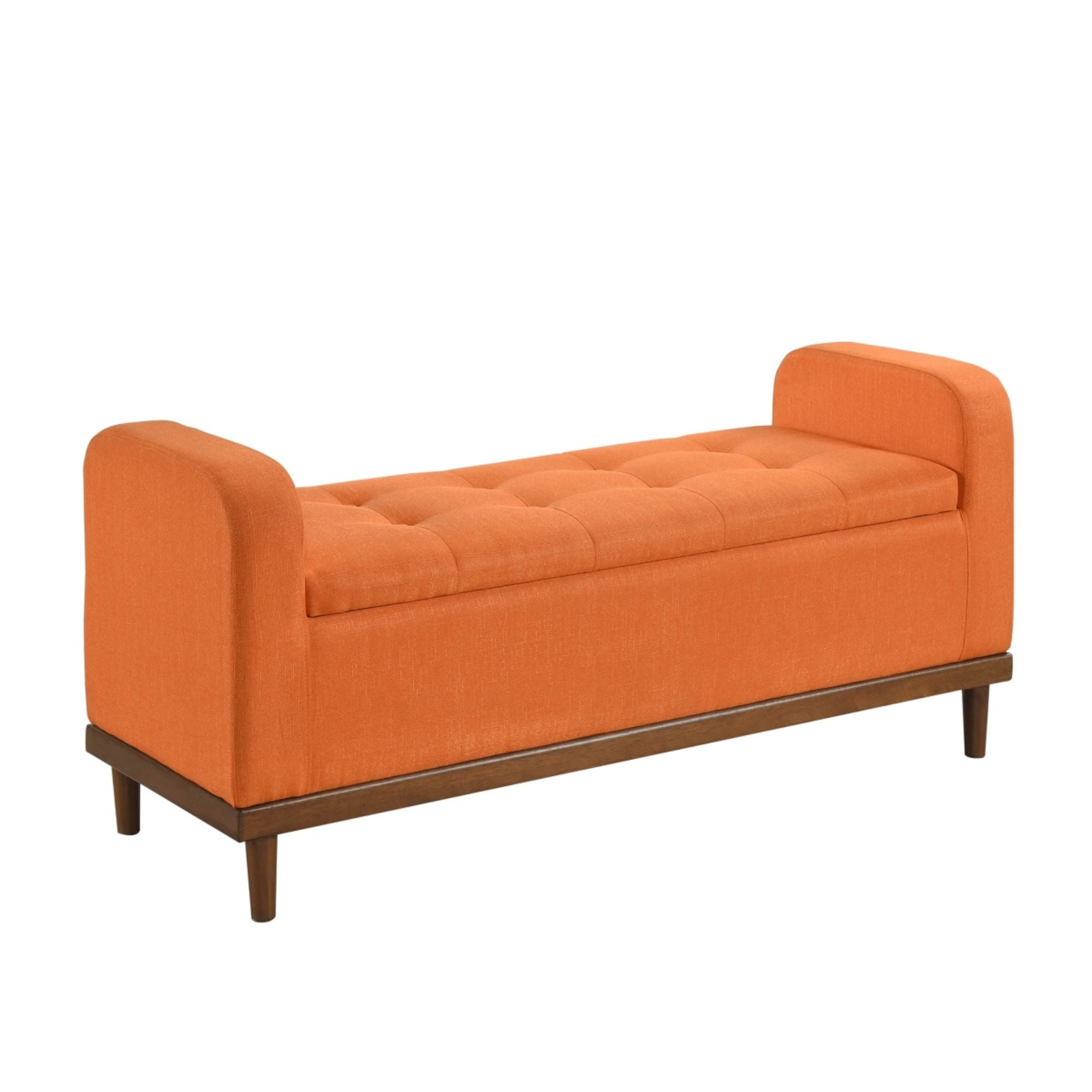 Orange fabric MAZ Brigitte Collection lift top storage ottoman with cushioned seat and spacious interior.