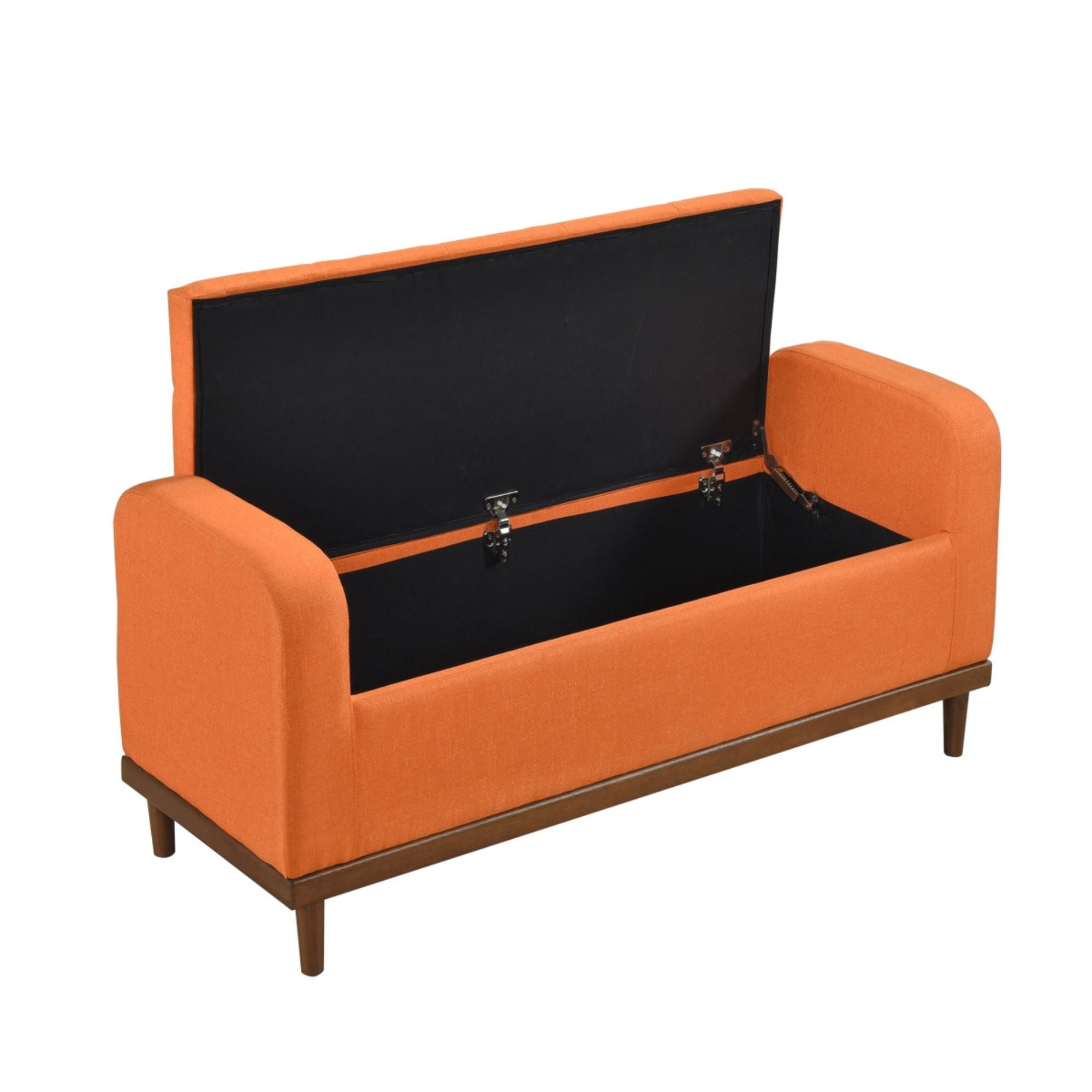 Orange MAZ Brigitte Collection lift-top storage ottoman with fabric upholstery and spacious interior for versatile storage.