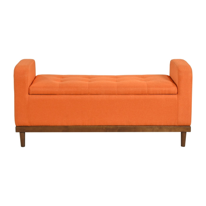 Orange MAZ Brigitte Collection lift top storage ottoman with cushioned top and interior storage space.