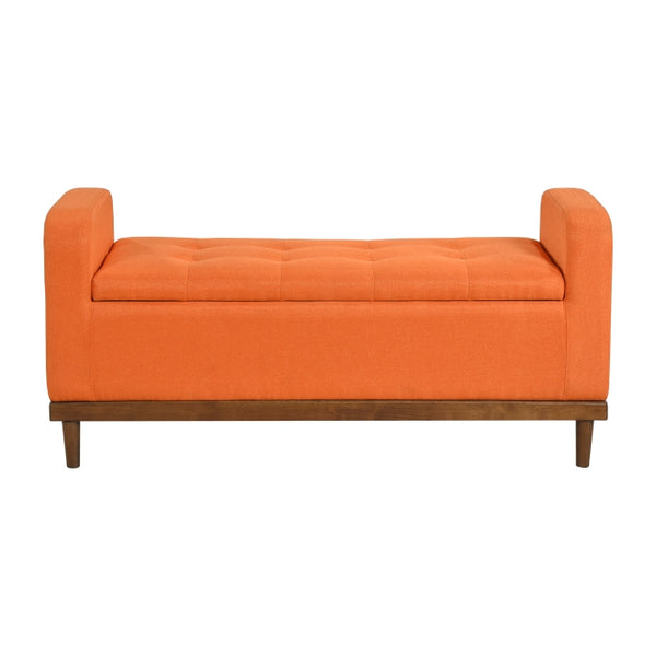 Orange MAZ Brigitte Collection lift top storage ottoman with cushioned top and interior storage space.