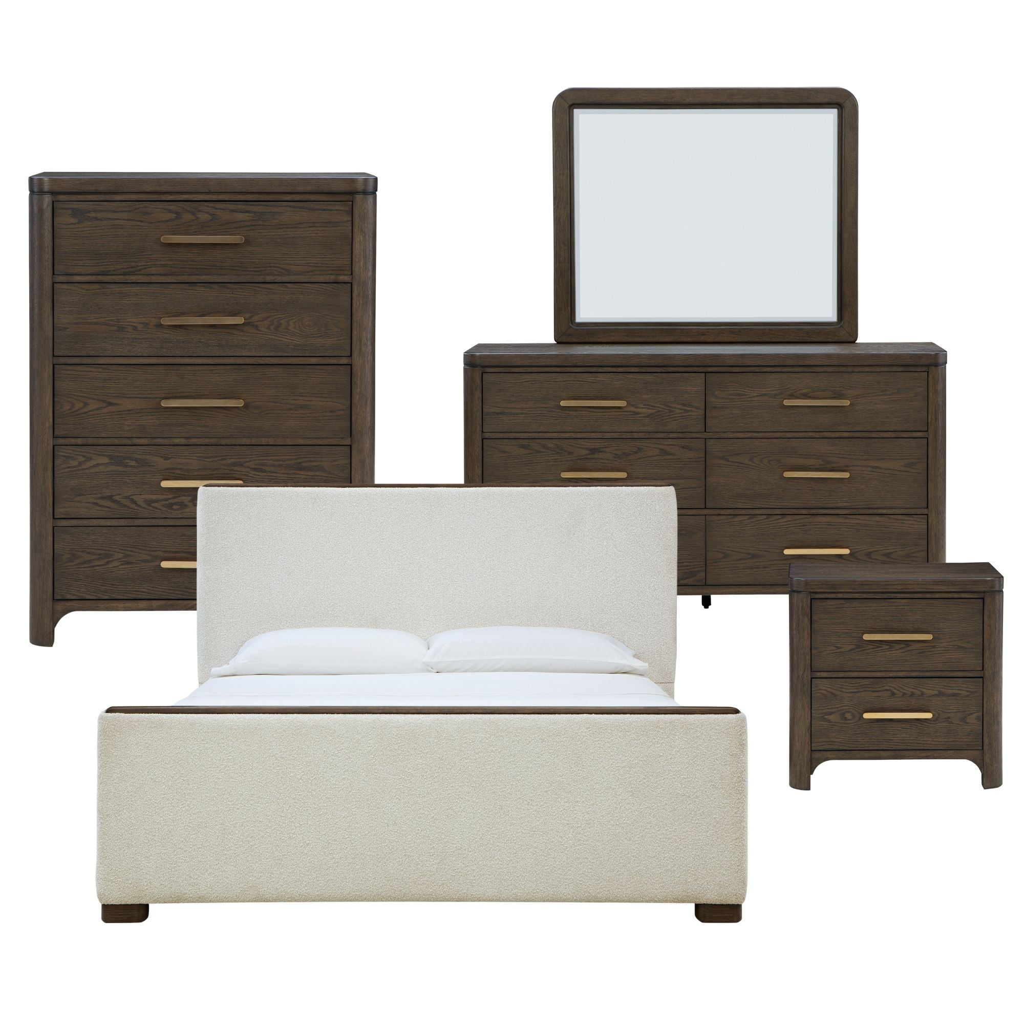 Radkin upholstered panel bedroom set by Signature Design Ashley includes bed frame with padded headboard and matching nightstands.