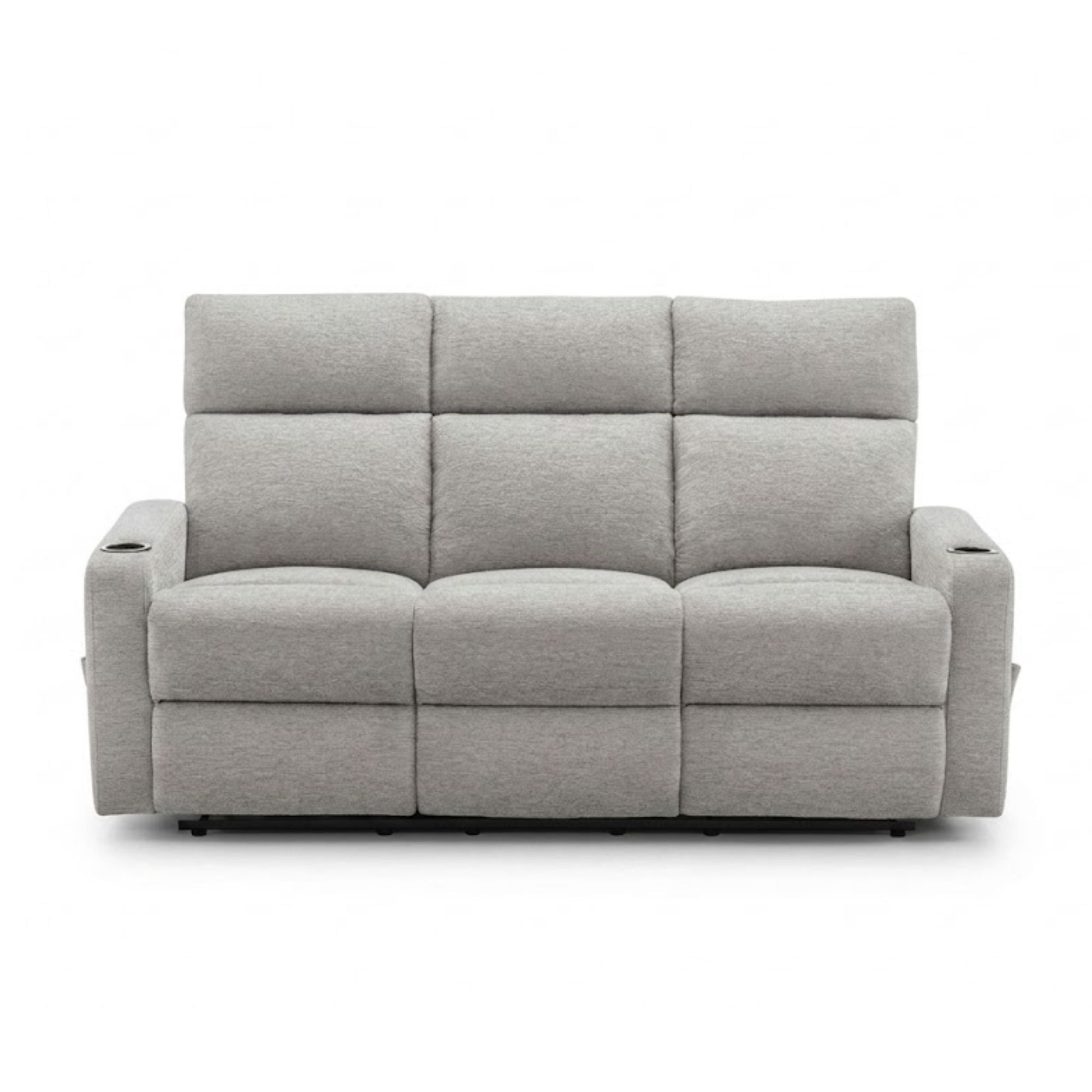 Light grey Monarch Specialties Arden reclining sofa with built-in cupholders, featuring plush cushions and a comfortable recline.