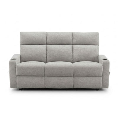 Light grey Monarch Specialties Arden reclining sofa with built-in cupholders, showcasing plush cushions and reclining features.