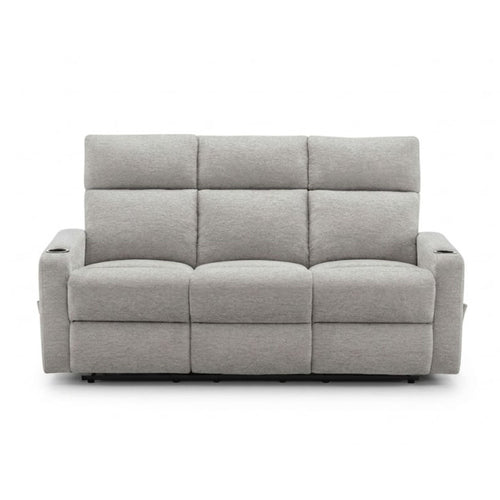 Light grey Monarch Specialties Arden reclining sofa with built-in cupholders, featuring plush cushions and a comfortable recline.