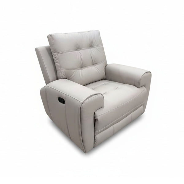 Brassex Nola power recliner chair in taupe, showing a comfortable, padded reclined position with armrests and headrest.
