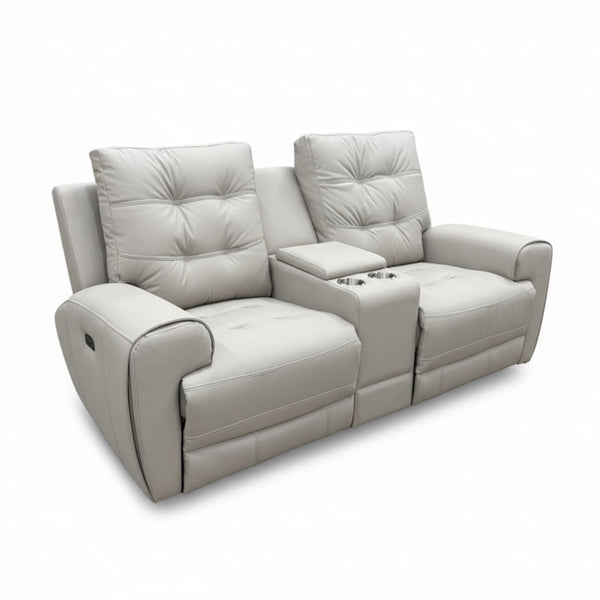 Brassex Nola power recliner loveseat in taupe with plush cushions and reclining features, perfect for comfortable living rooms.