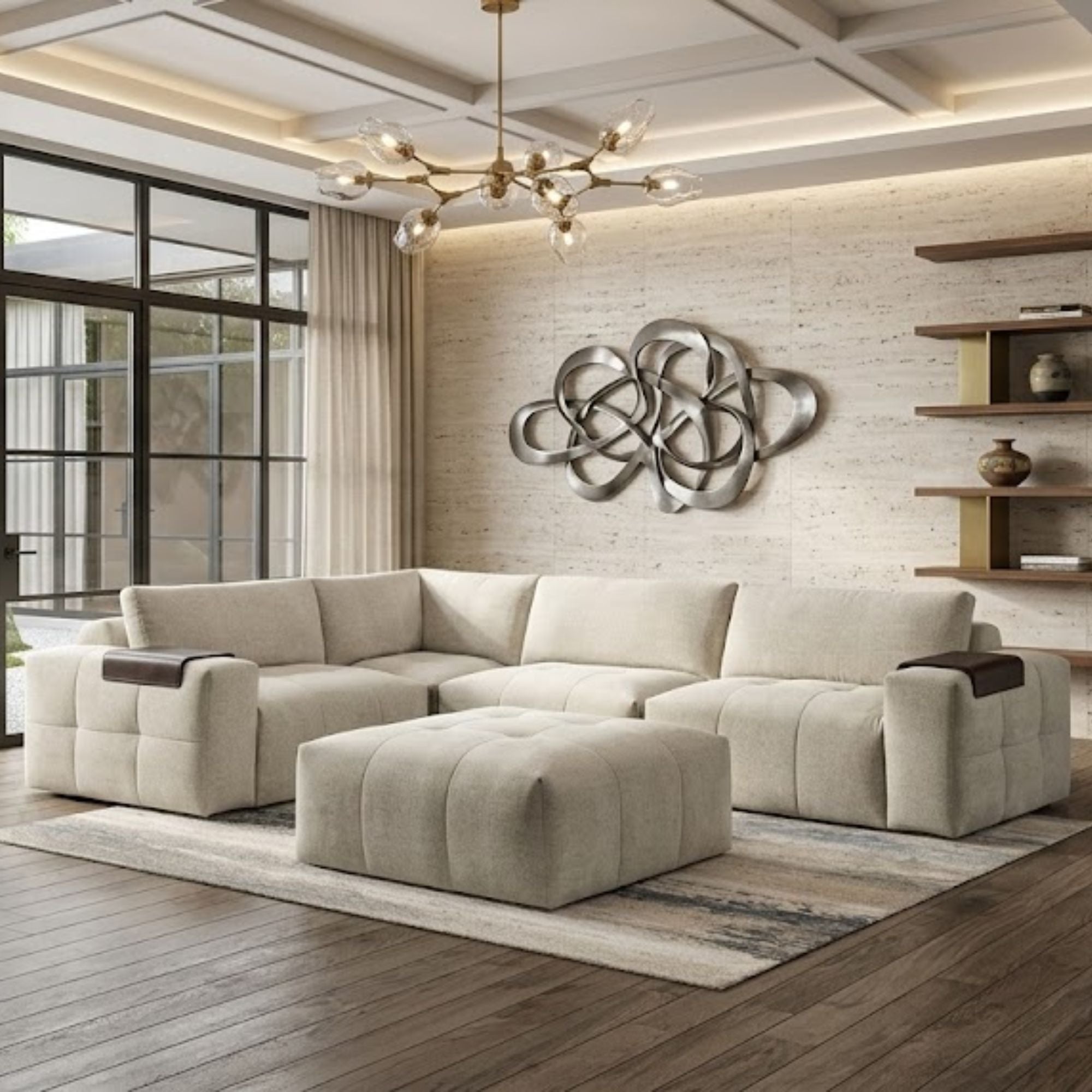 MAZ Tidal 5-piece modular sectional sofa with ottoman in taupe, featuring plush cushions and modern design for living room comfort.