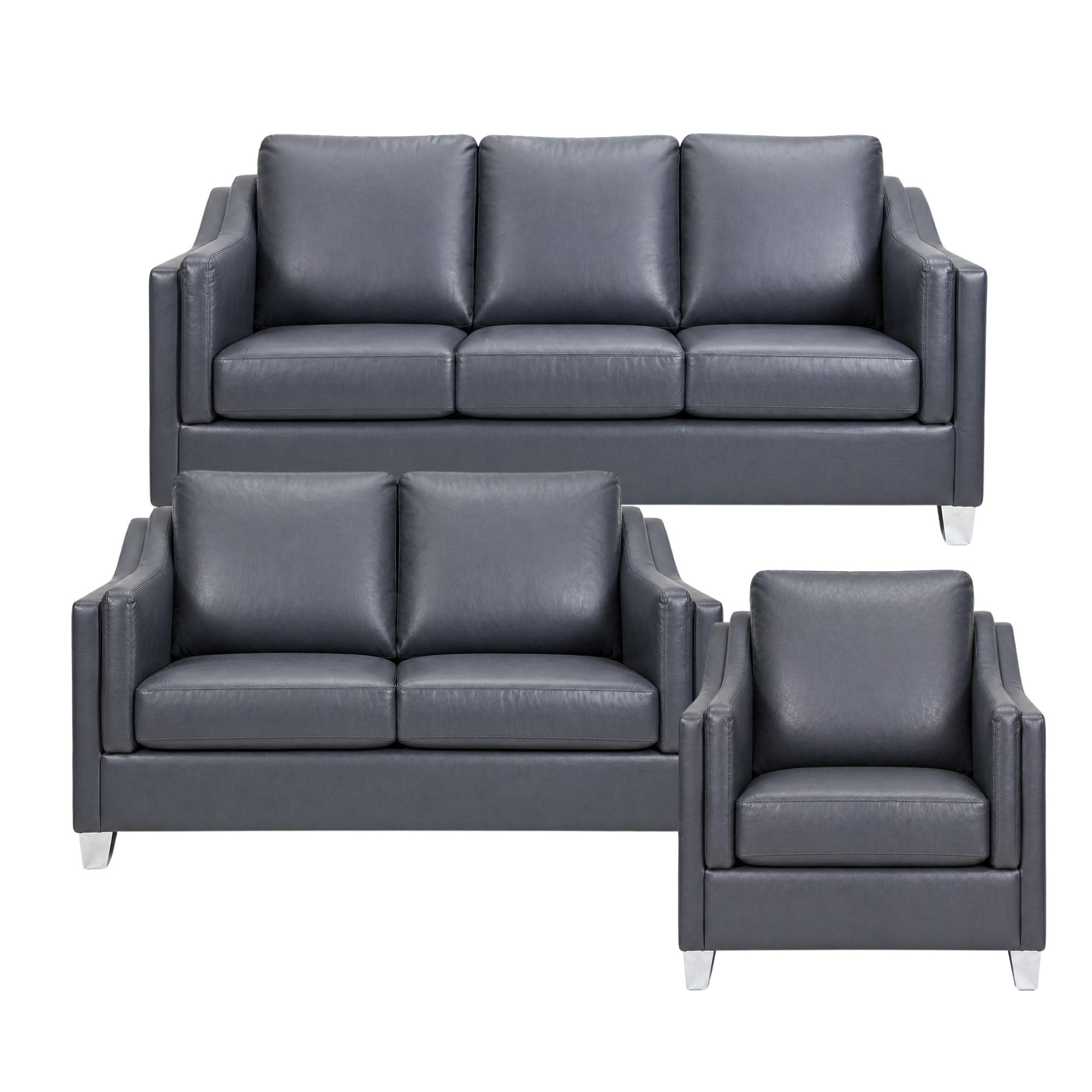 A.C. Canadian made dark blue leather sofa set with chrome legs, featuring plush cushions and modern design.
