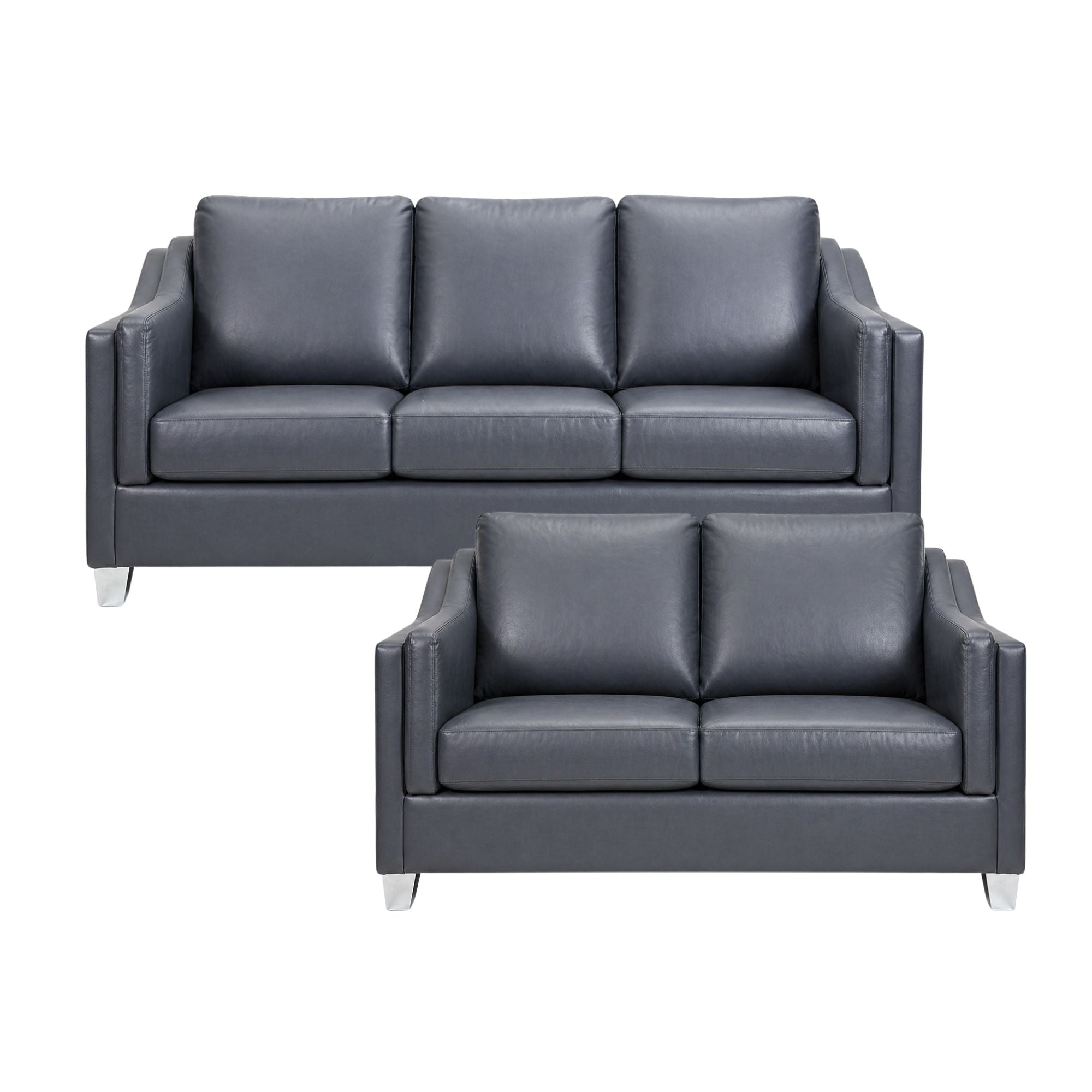 A.C. Canadian-made leather sofa set with dark blue cushions and chrome legs, showcasing modern style and comfortable seating.