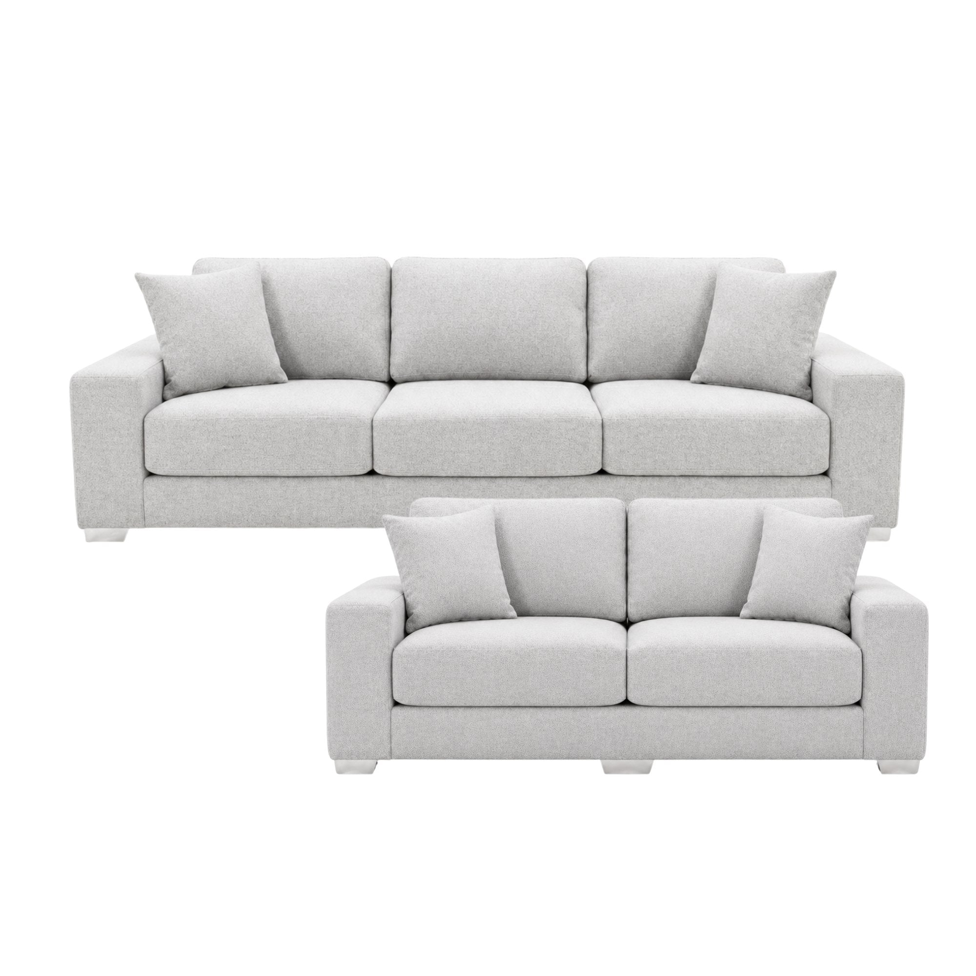 Light grey Canadian-made sofa set with chrome legs, featuring plush cushions and modern design by A.C.