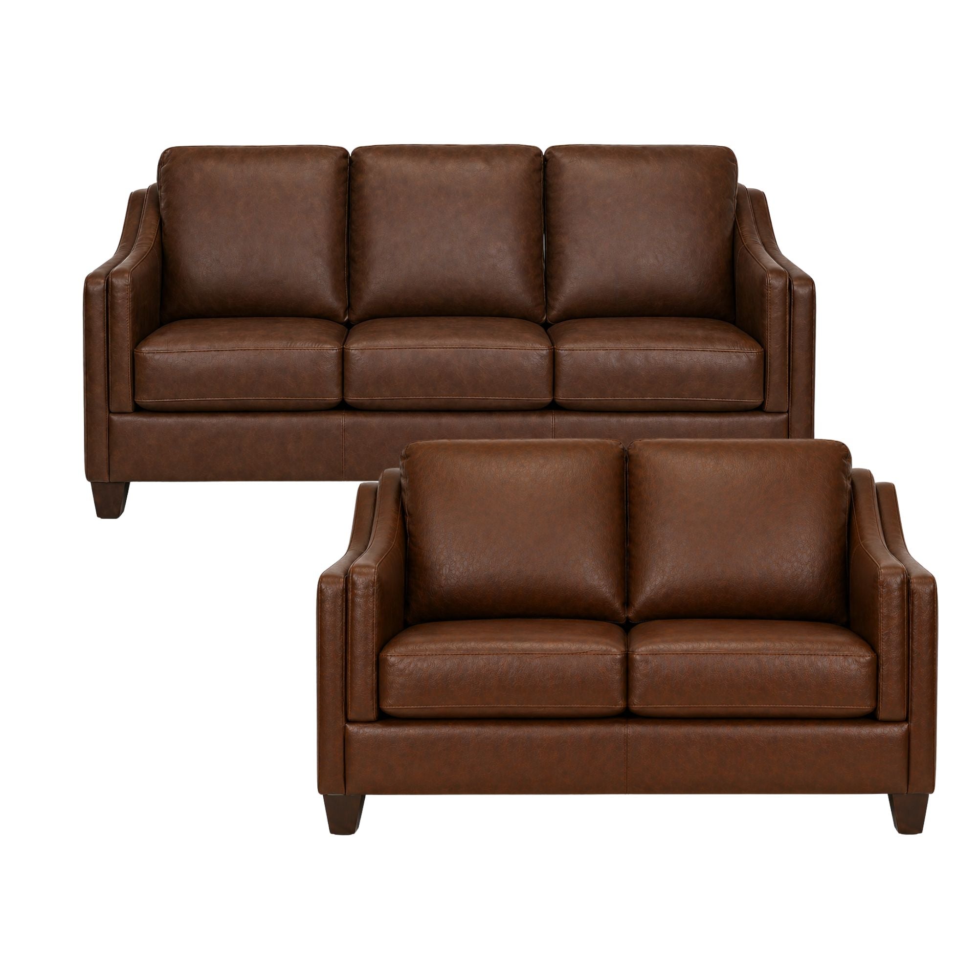 Canadian made leather sofa set by A.C. with brown leather upholstery and wooden legs, featuring a contemporary design.