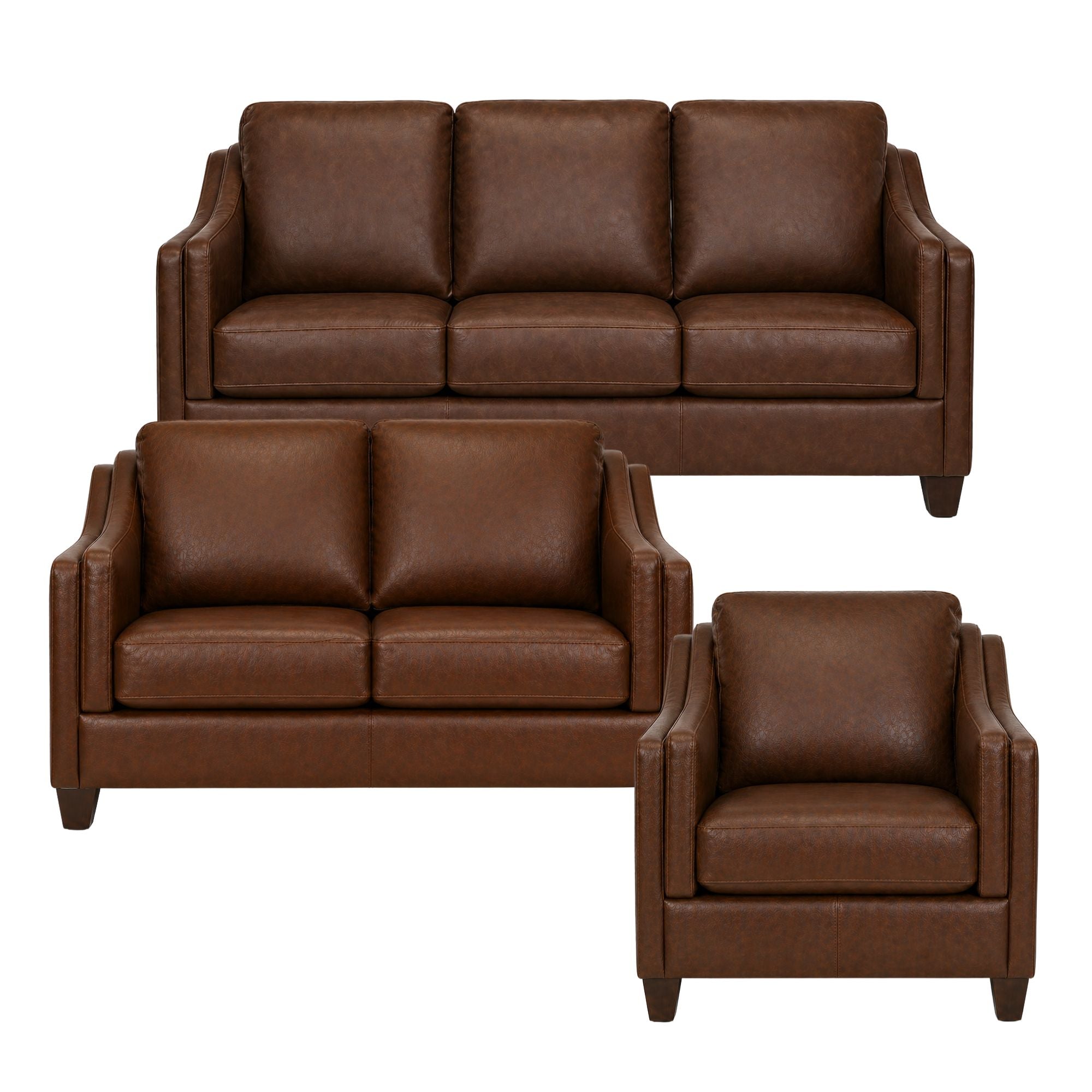 A Canadian made brown leather sofa set with wooden legs, featuring plush cushions and a modern design.