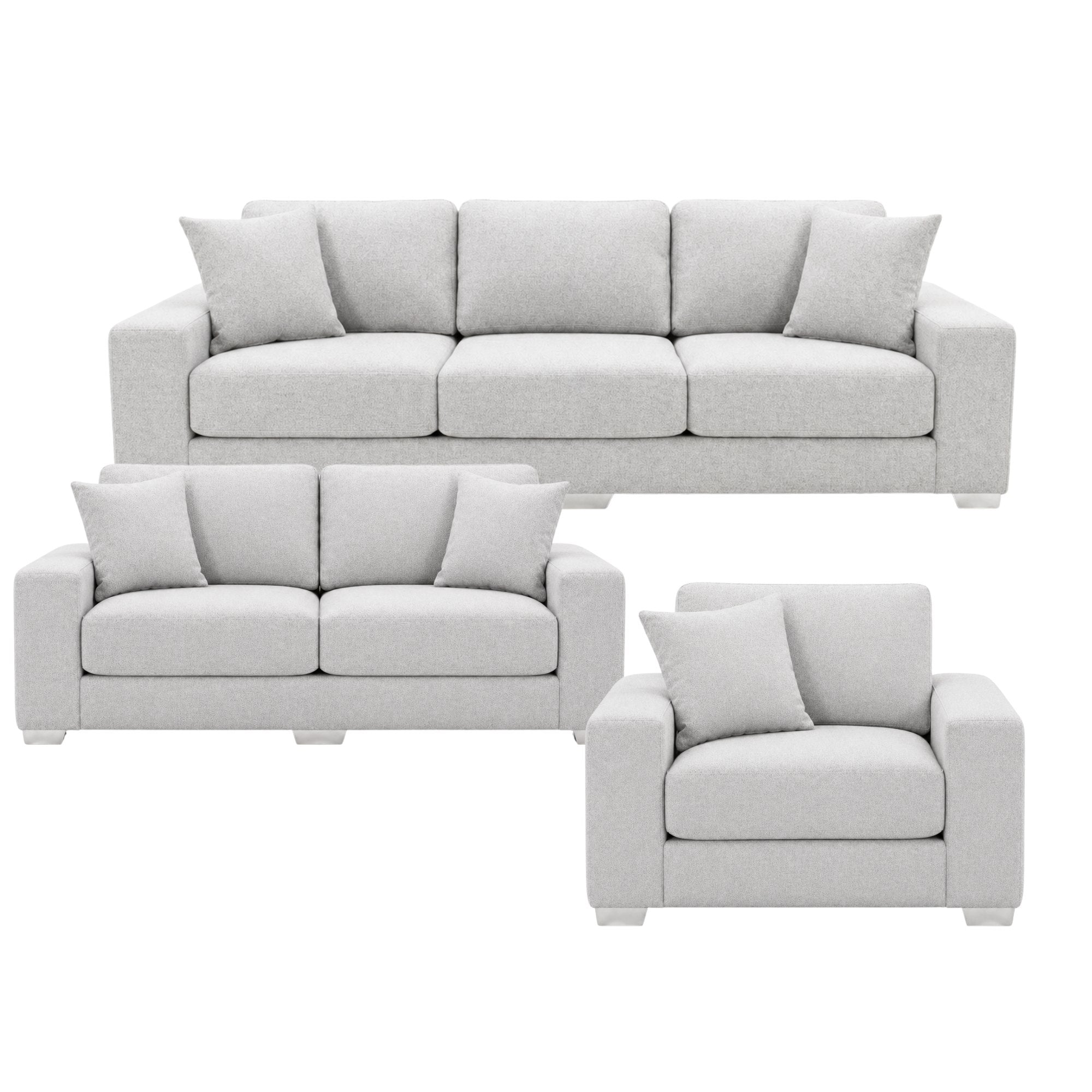 Light grey Canadian-made sofa set by A.C. with chrome legs, featuring plush cushions and modern design.