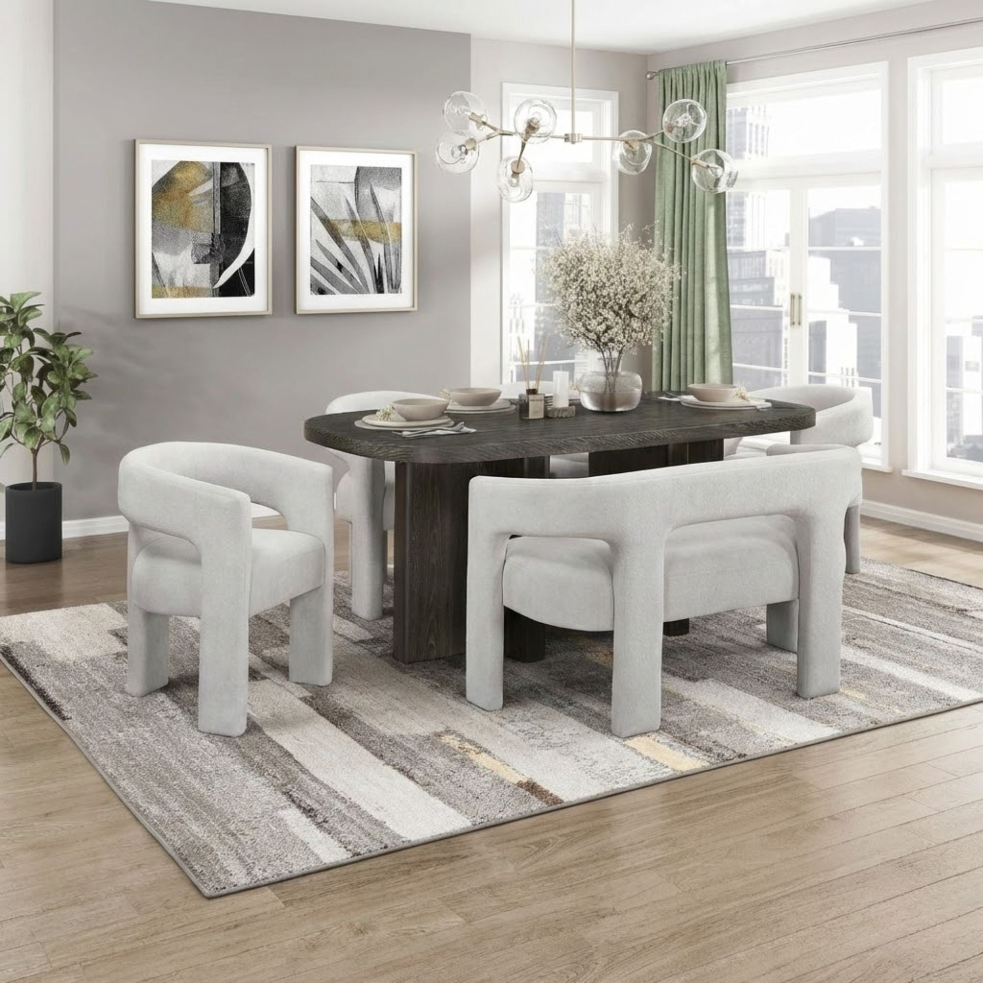 Marais Collection 6-piece dining table set by MAZ, featuring a stylish wooden dining room table with matching chairs.