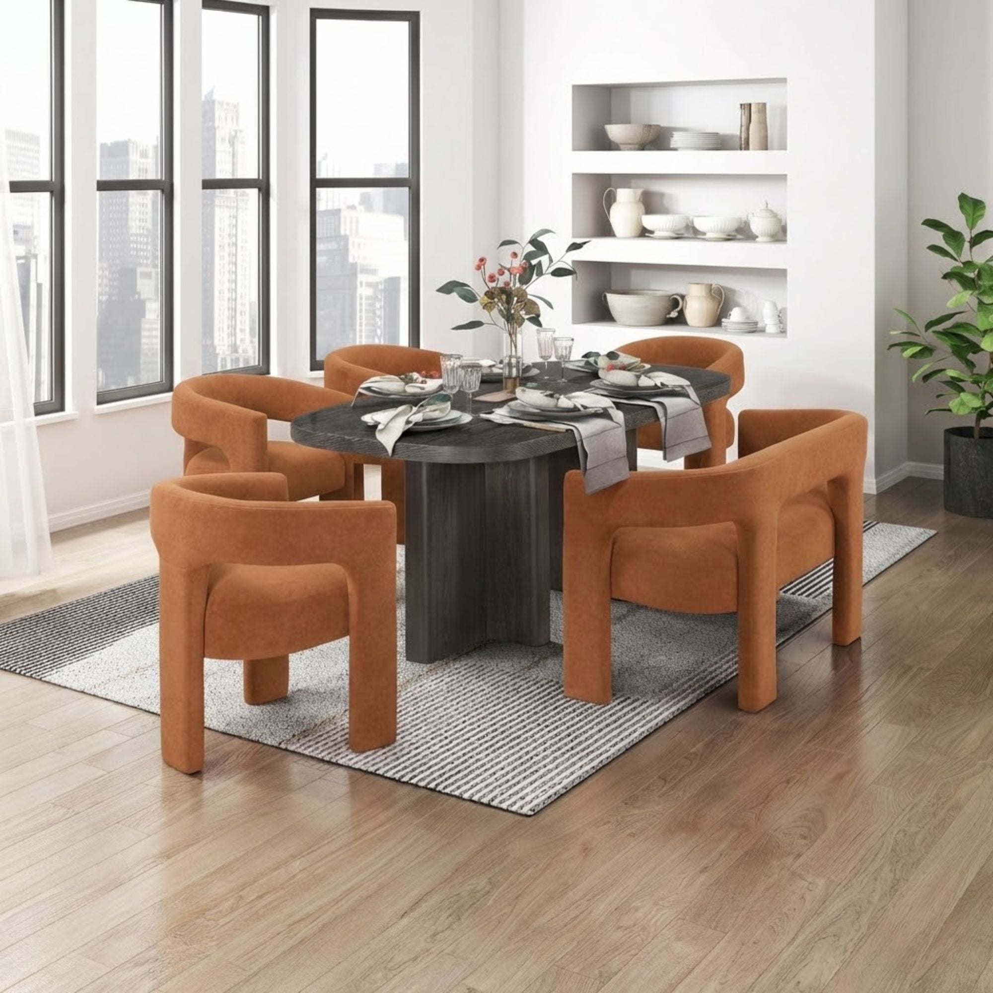 Maz Marais Collection 6-piece dining room table set with wooden table and matching chairs in a modern dining space.